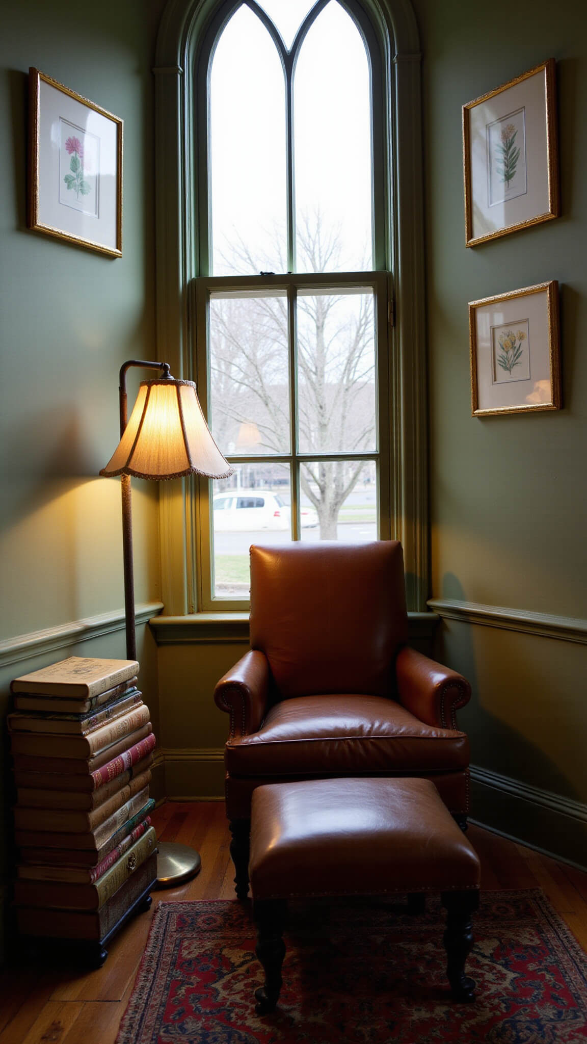 Victorian reading nook at dusk with bay window, leather armchair, vintage floor lamp, stacked antique books, botanical prints, and sage green walls.
