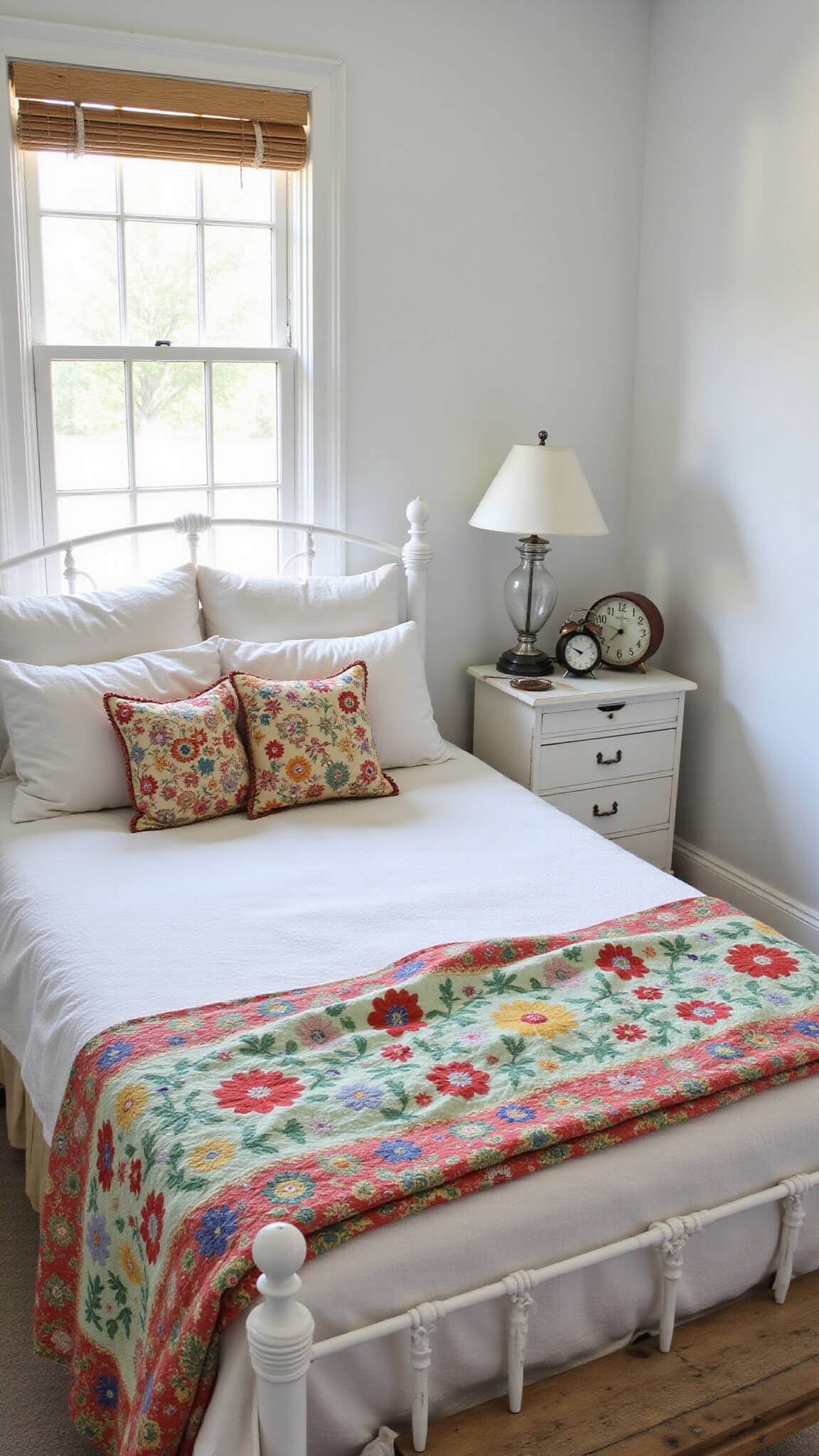 Vintage-style 12x14 bedroom with white iron bed, layered with candlewick bedspread, embroidered pillows, and a colorful quilt; morning light filters through east-facing windows, highlighting an antique pine washstand with a mercury glass lamp and vintage alarm clocks.