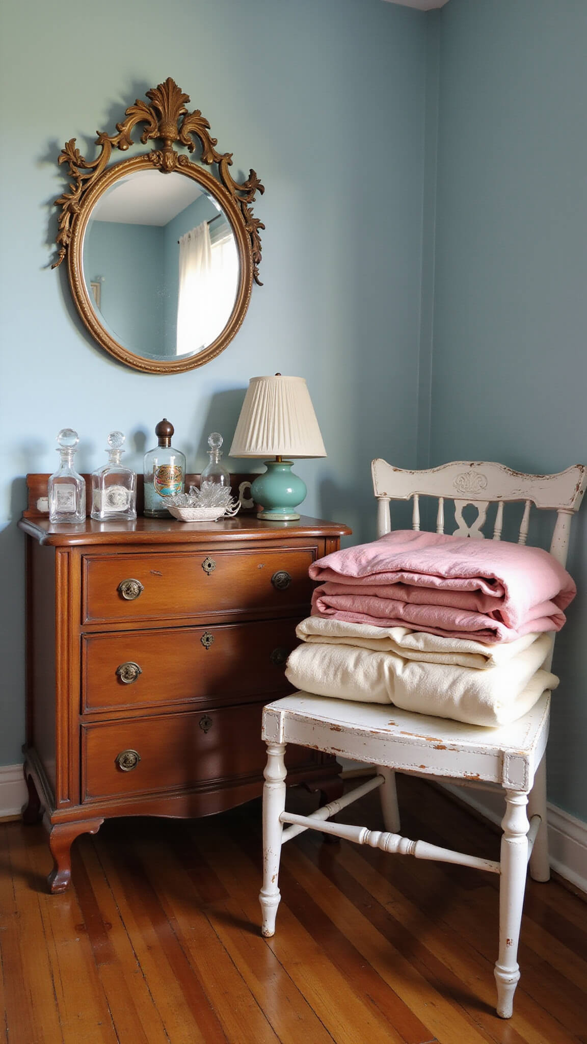 Cozy 10x12 bedroom corner with a walnut Victorian dresser, vintage perfume bottles, chippy white chair with rose and cream quilts, lit by soft late afternoon light.