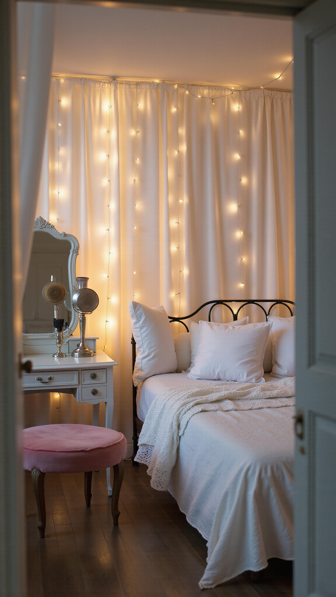 Dreamy twilight boudoir with string lights behind sheer curtains, vintage vanity, pink velvet stool, and white eyelet bedding on iron daybed.
