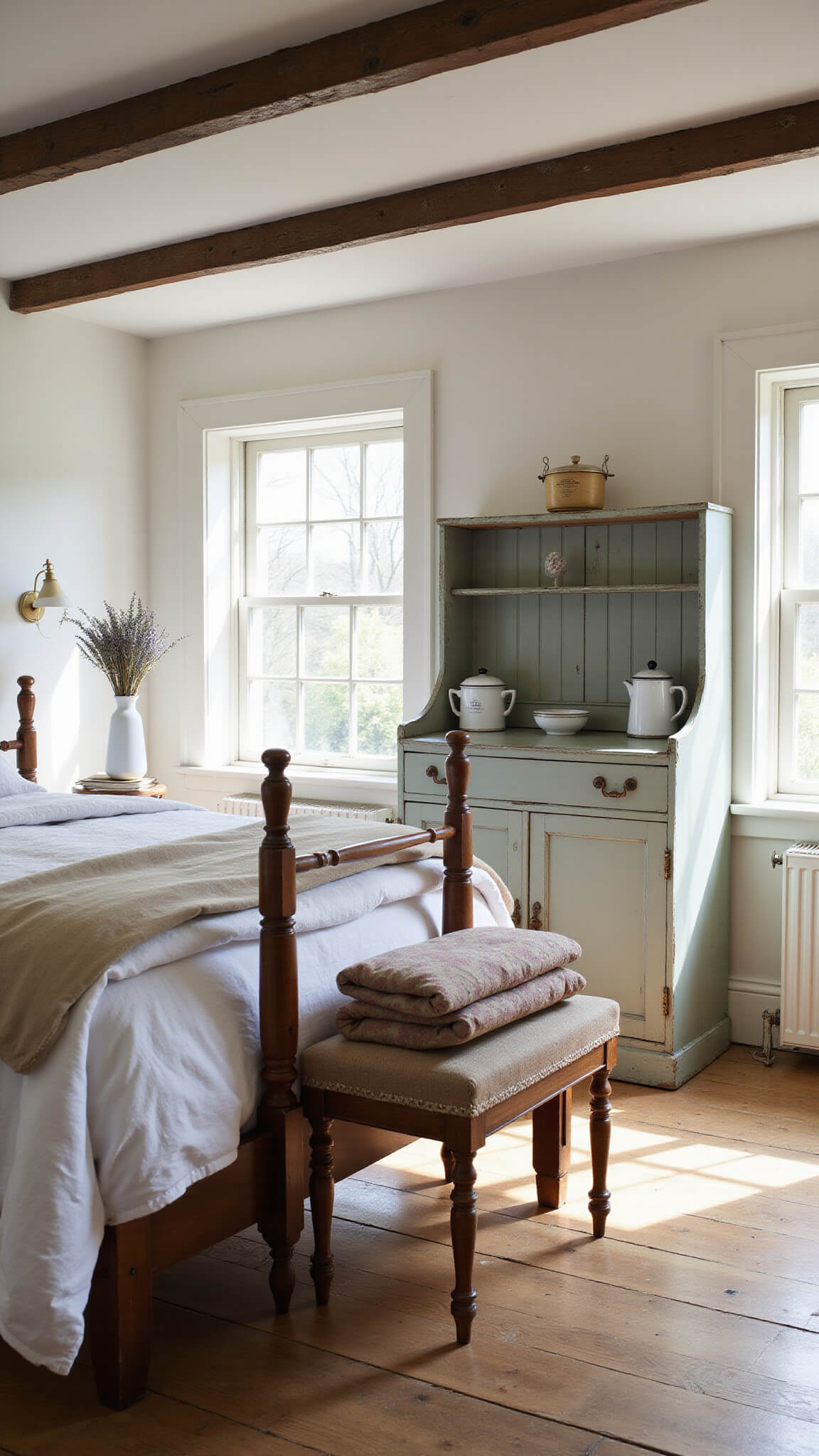 Rustic farmhouse bedroom with exposed beams, wide plank floors, white linens on a wooden bed, antique pie safe, dried lavender, and vintage enamelware.