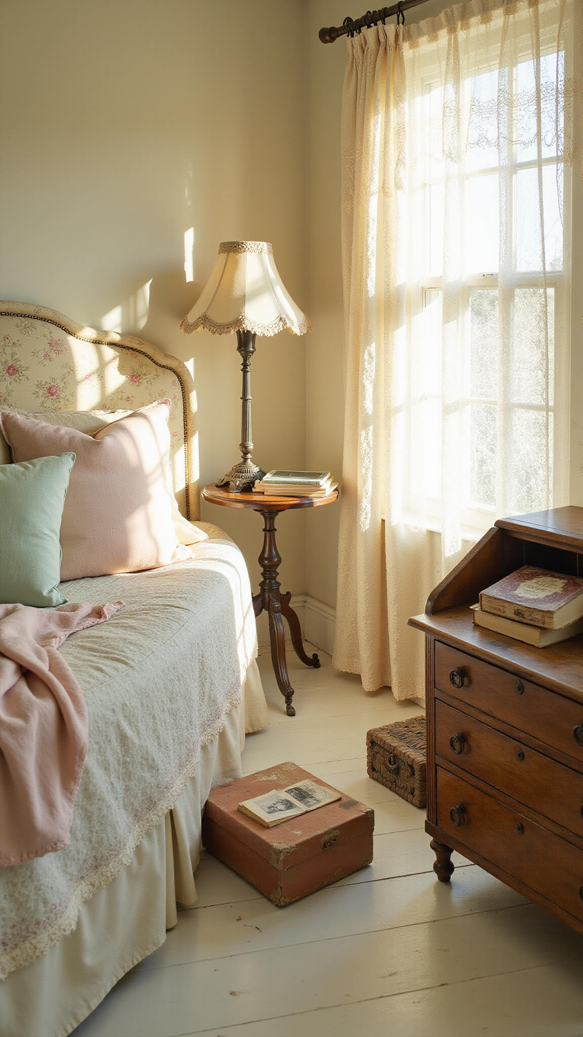 Nostalgic bedroom bathed in golden afternoon light with a floral-upholstered headboard, vintage textiles, antique desk, lace curtains, and sunlit white floorboards.