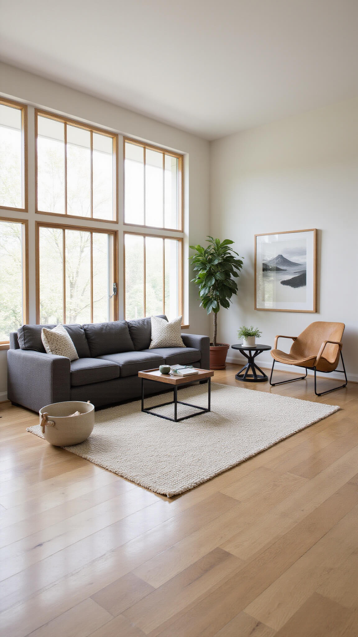 Modern living room with light oak flooring, charcoal sofa, ivory rug, bamboo chair, and large ink artwork, softly lit through shoji-style screens.