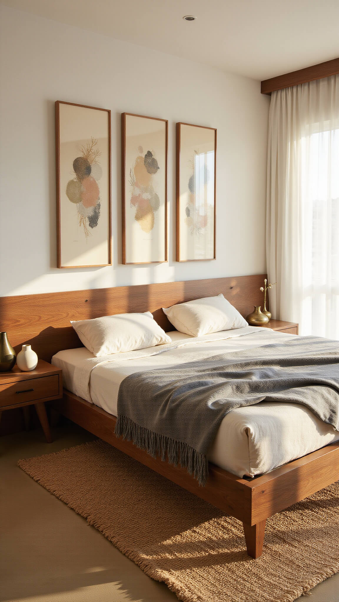 Warm-toned master bedroom with oiled walnut platform bed, ivory linens, abstract art, and natural textures at golden hour.