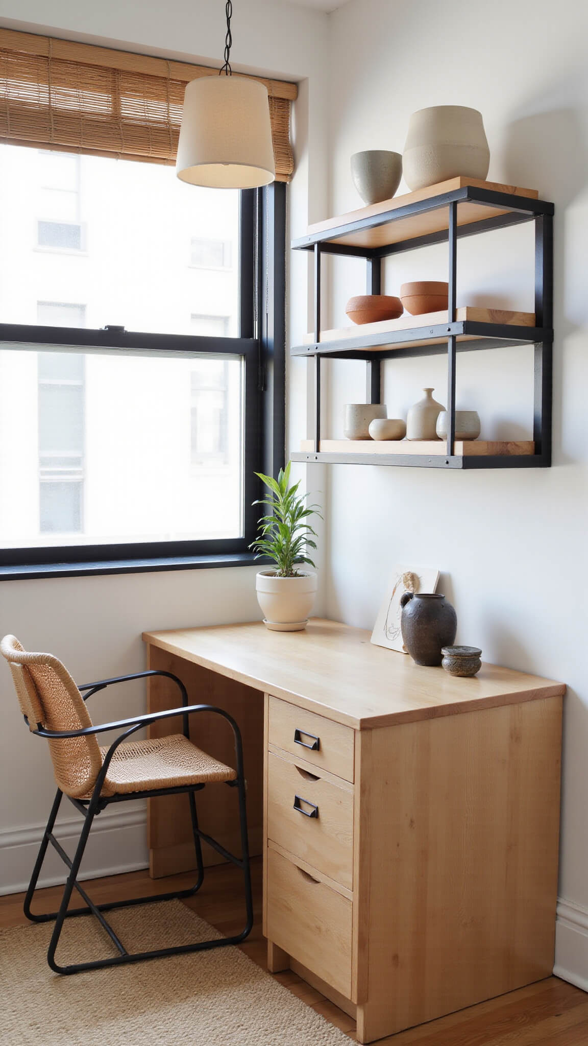 Minimalist 12x14ft home office with blonde ash desk facing black-framed window, woven rope chair, floating shelves, and bamboo blind filtering soft morning light.