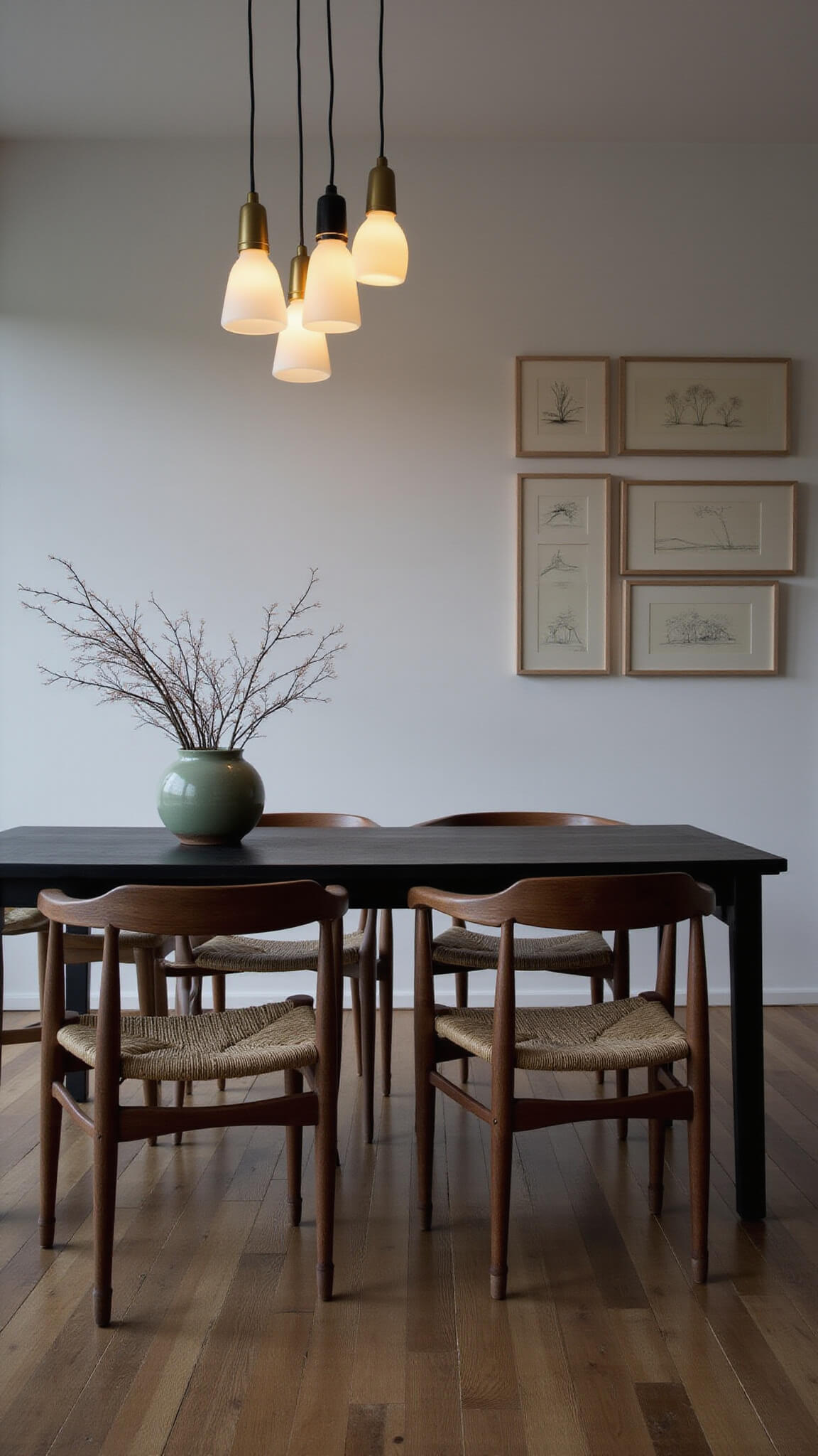Open-plan dining area at dusk with black oak table, mixed-material chairs, pendant lighting, ikebana centerpiece, and gallery wall of minimal line drawings.