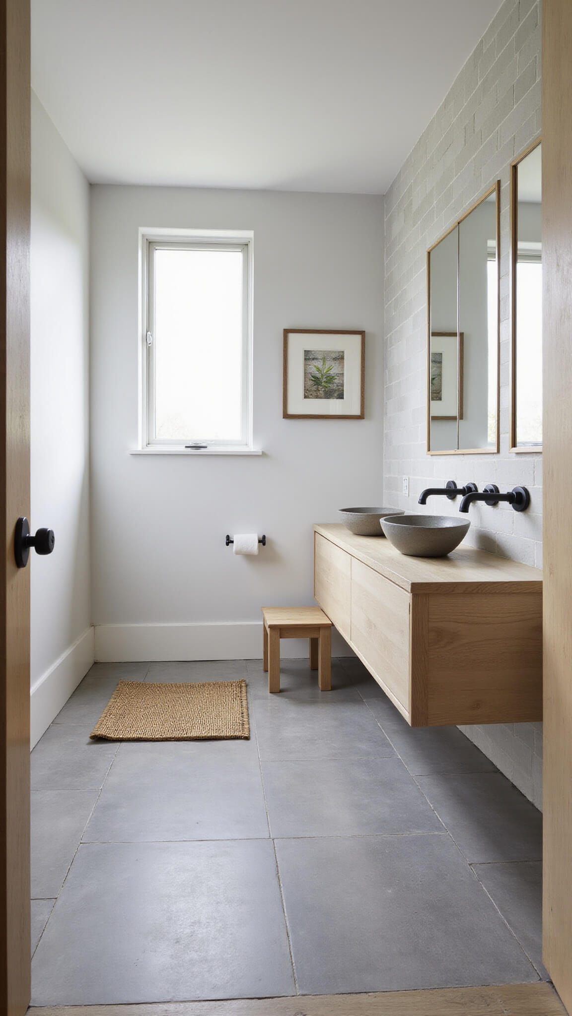 Zen-inspired 8x12ft bathroom with floating bleached oak vanity, concrete sink, gray porcelain tiles, bamboo accents, and black fixtures in soft morning light.