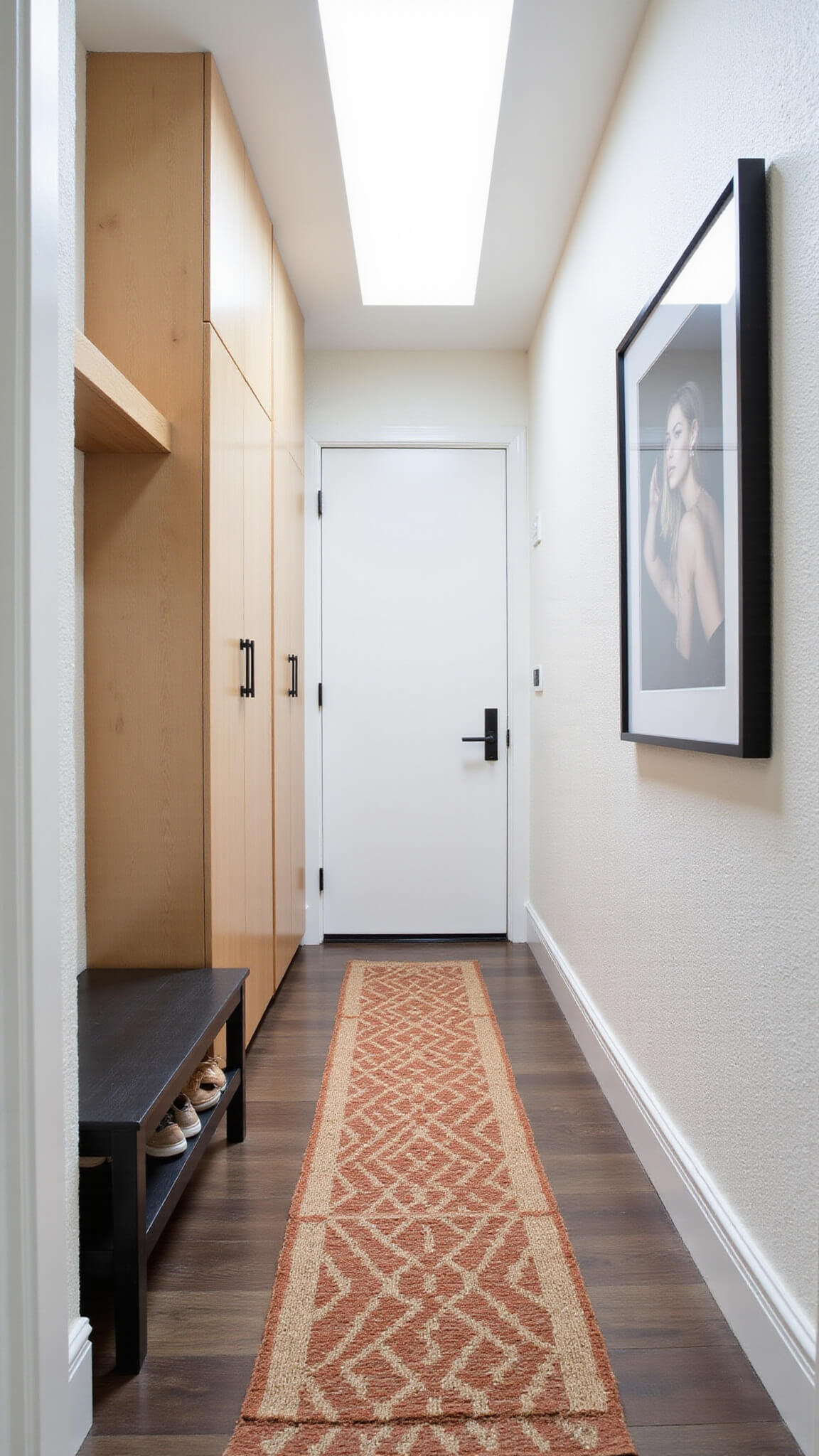 Entry corridor with skylight, textured white walls, light maple shoe storage, black hardware, geometric runner, black oak bench, and minimal poster in floating frame.