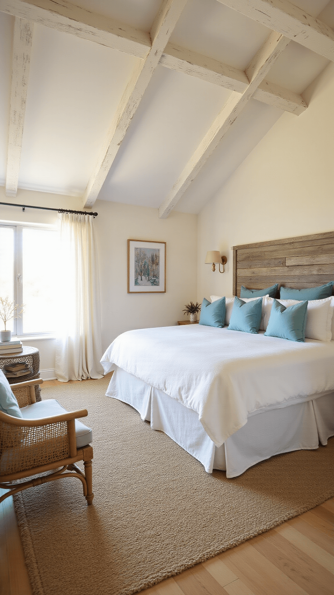 Wide-angle view of sunlit master bedroom with vaulted ceiling, king bed with driftwood headboard, ocean-blue accents, jute rug, and rattan chair, captured at golden hour.