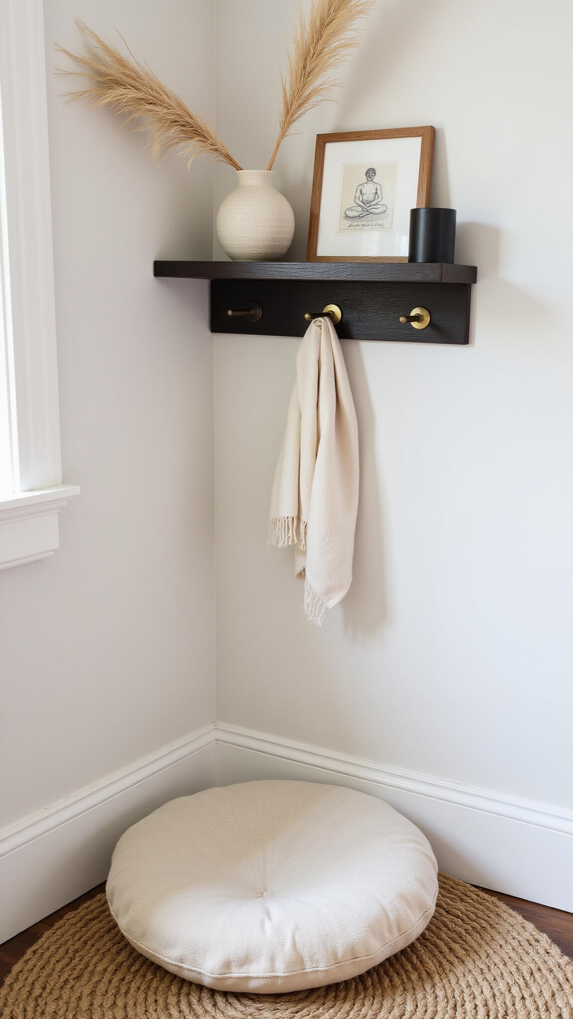 Cozy 8x8ft meditation nook with round jute rug, cream linen cushion, black oak floating shelf displaying ceramic and pampas grass, and soft morning light highlighting natural textures.