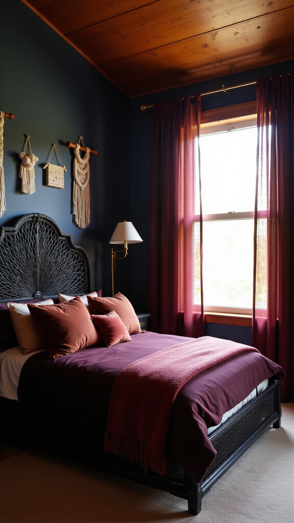 Moody 14x16ft bedroom with navy walls, burgundy curtains, black rattan peacock headboard, jewel-toned bedding, and macramé art, bathed in golden hour light.