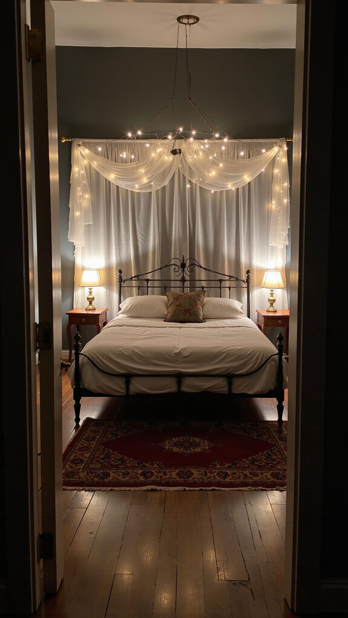 Intimate twilight bedroom with vintage iron canopy bed, fairy lights in gauzy drapes, layered Persian rugs, and warm brass lighting against charcoal walls.