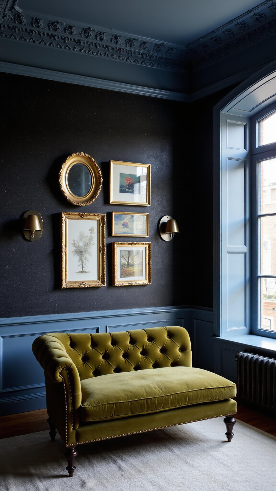 Master bedroom at dusk with crown molding, olive green velvet chaise, celestial art on black wallpaper, and rich layered textiles in dramatic lighting.