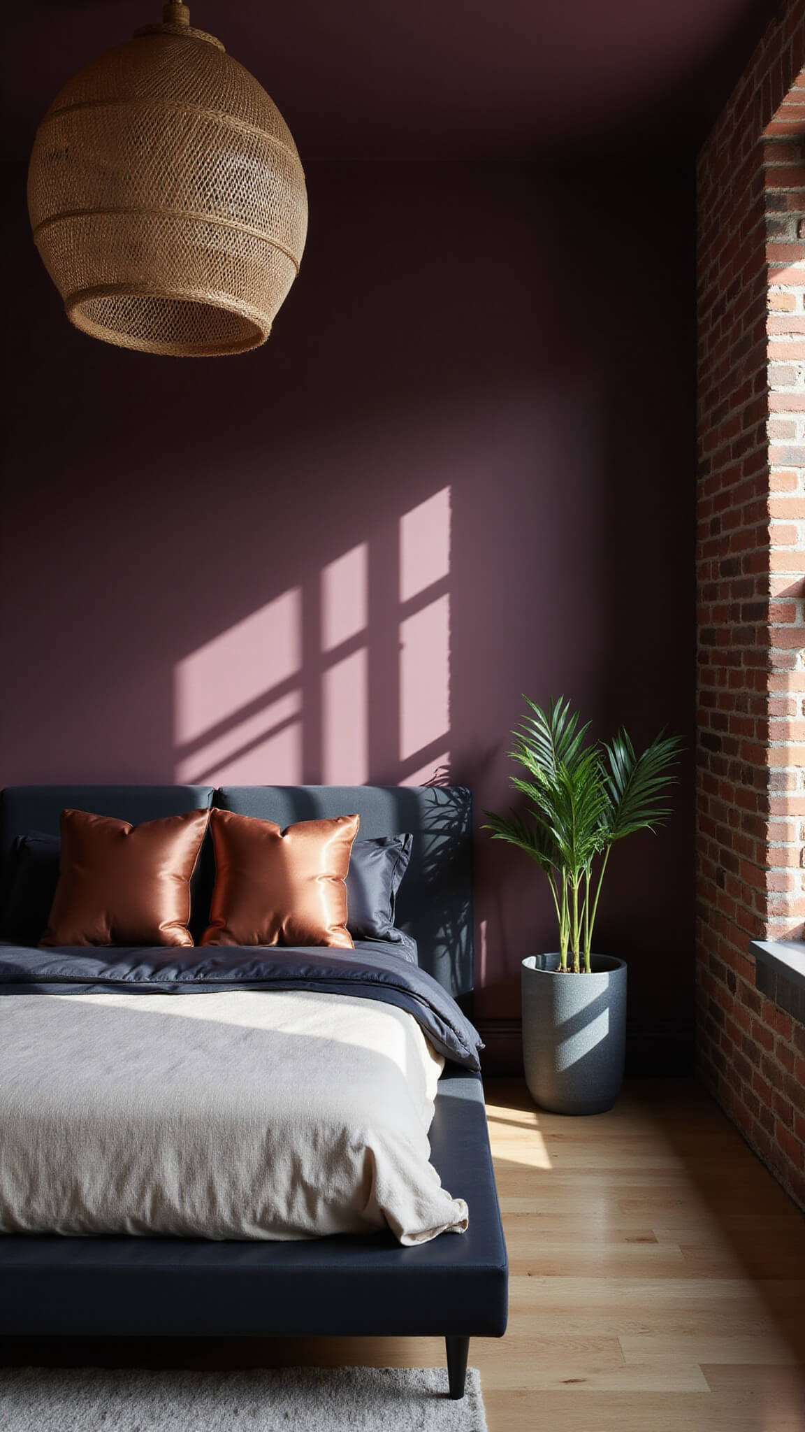 Moody bedroom with deep plum brick walls, charcoal bed linens, copper pillows, rattan pendant lamp casting shadows, and morning light highlighting a potted monstera.