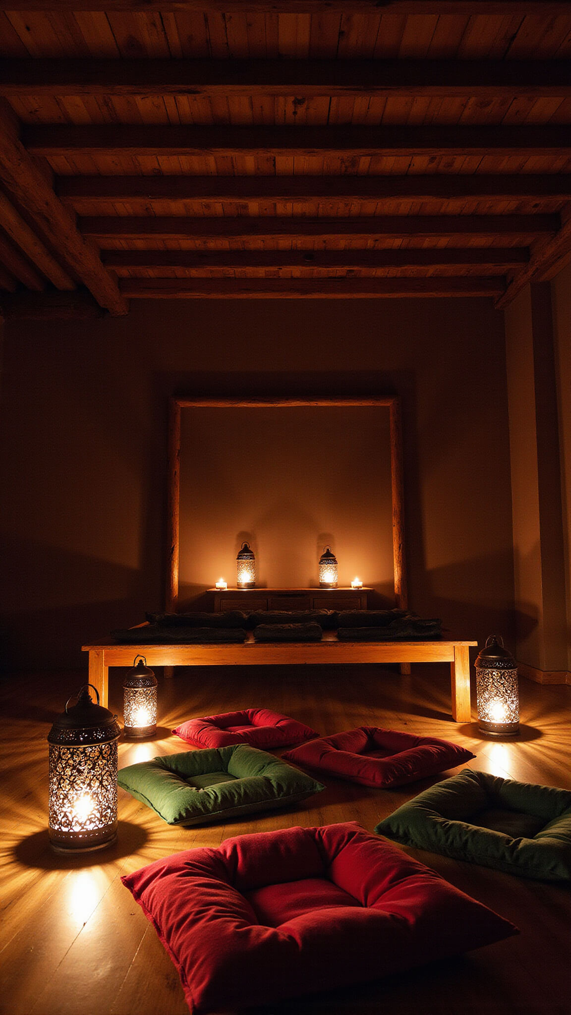 Cozy 12x14ft room at midnight lit by candlelight, with chocolate brown walls, reclaimed wood beams, jewel-toned floor cushions around a low wooden bed, and Moroccan lanterns casting intricate shadows.