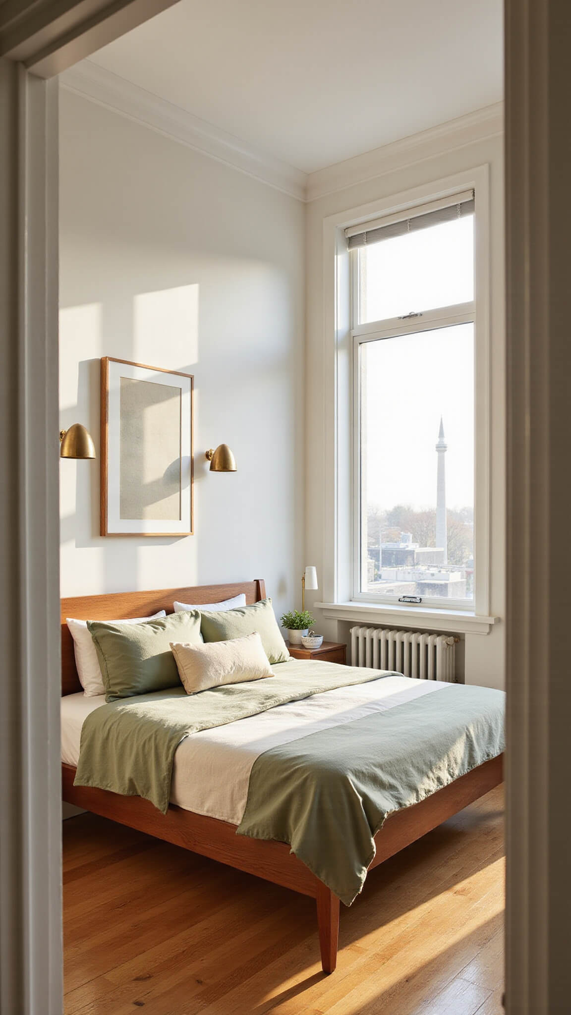 Mid-century walnut storage bed in bright 14x16ft bedroom with sage and cream linen, white oak floors, and golden hour light through floor-to-ceiling windows.