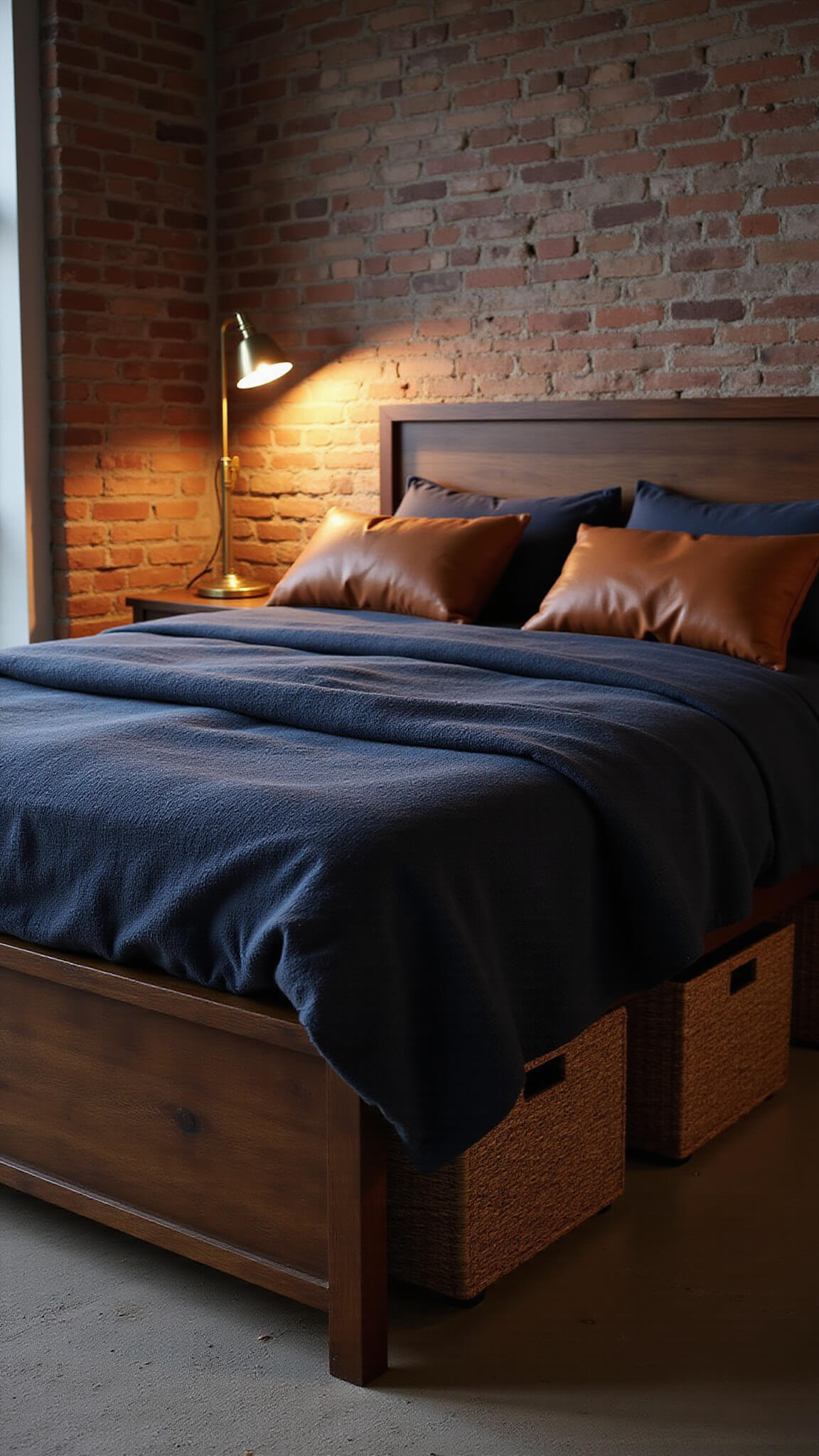 Low-angle view of moody urban bedroom at dusk with dark walnut platform storage bed, navy bedding, cognac pillows, vintage brass lamp, and exposed brick wall.