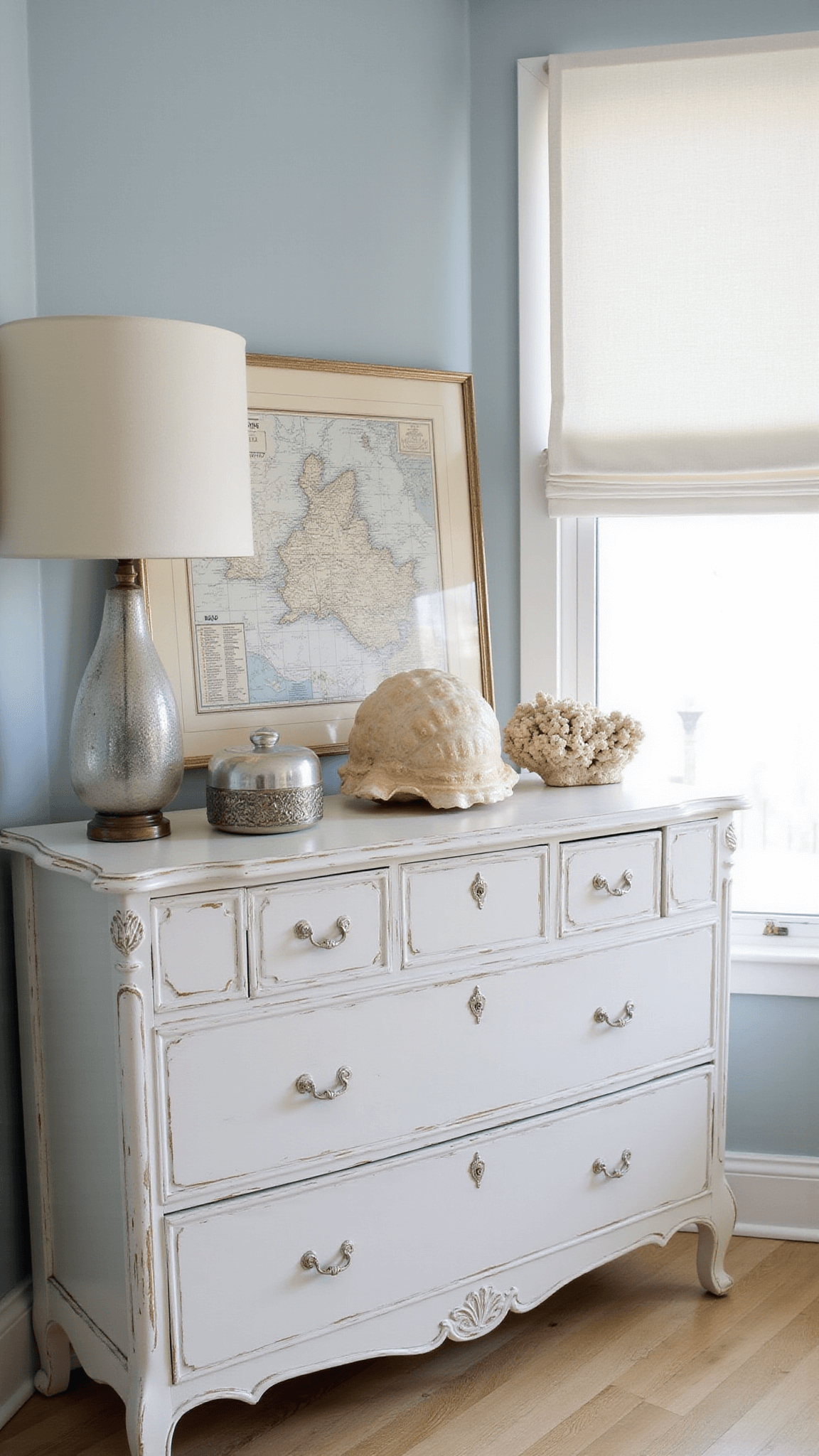 Coastal-style antique white dresser with weathered finish, topped with conch shell, mercury glass lamp, vintage map, and coral; soft natural and fill lighting against pale blue-grey wall.