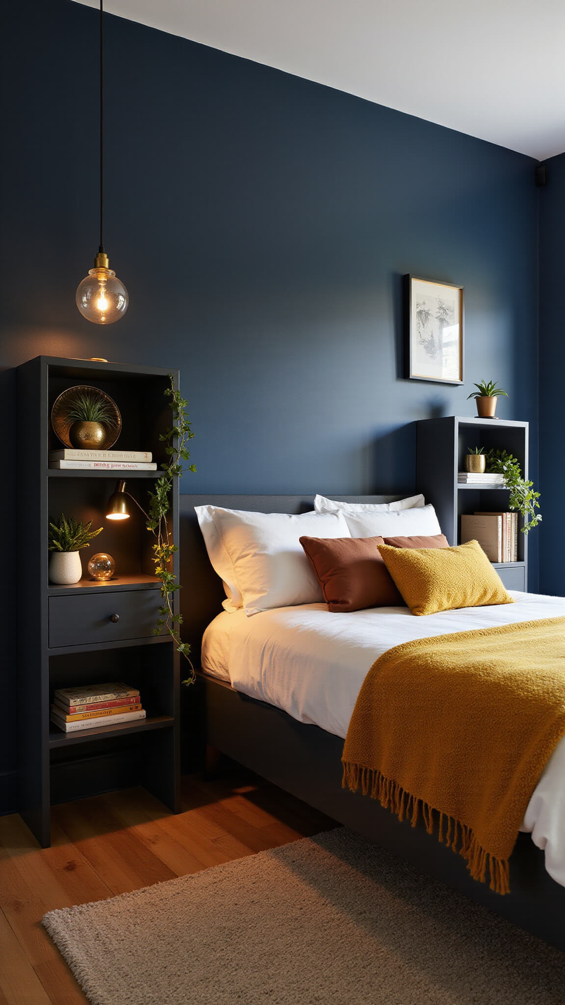 Compact 10x12ft urban bedroom with mid-century storage bed against navy accent wall, styled shelves, mustard wool throw, and warm pendant lighting during blue hour.