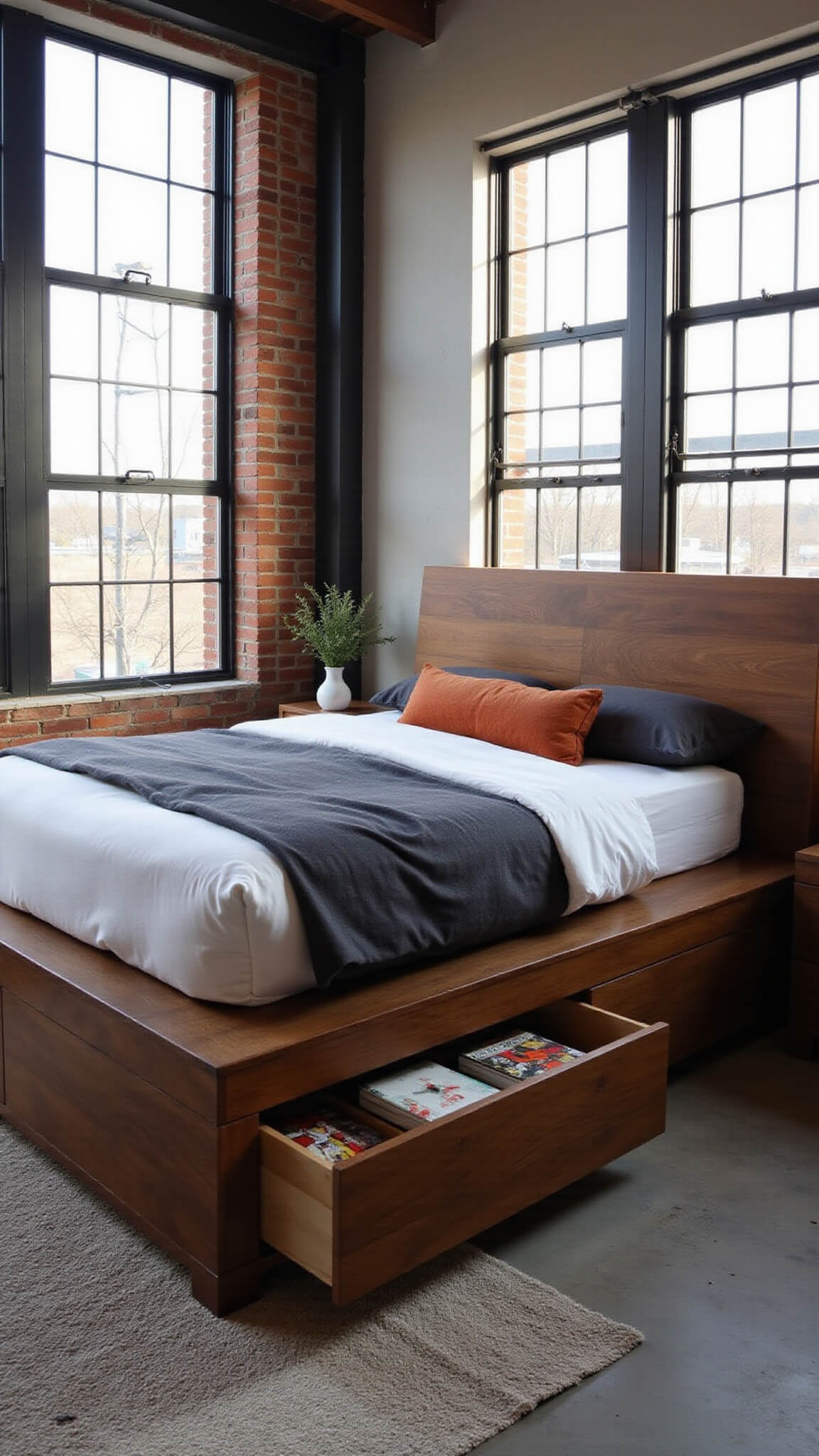 Modern loft bedroom with walnut platform storage bed, geometric headboard, industrial steel-framed windows casting dramatic afternoon shadows, and minimalist charcoal, white, and rust-colored bedding.