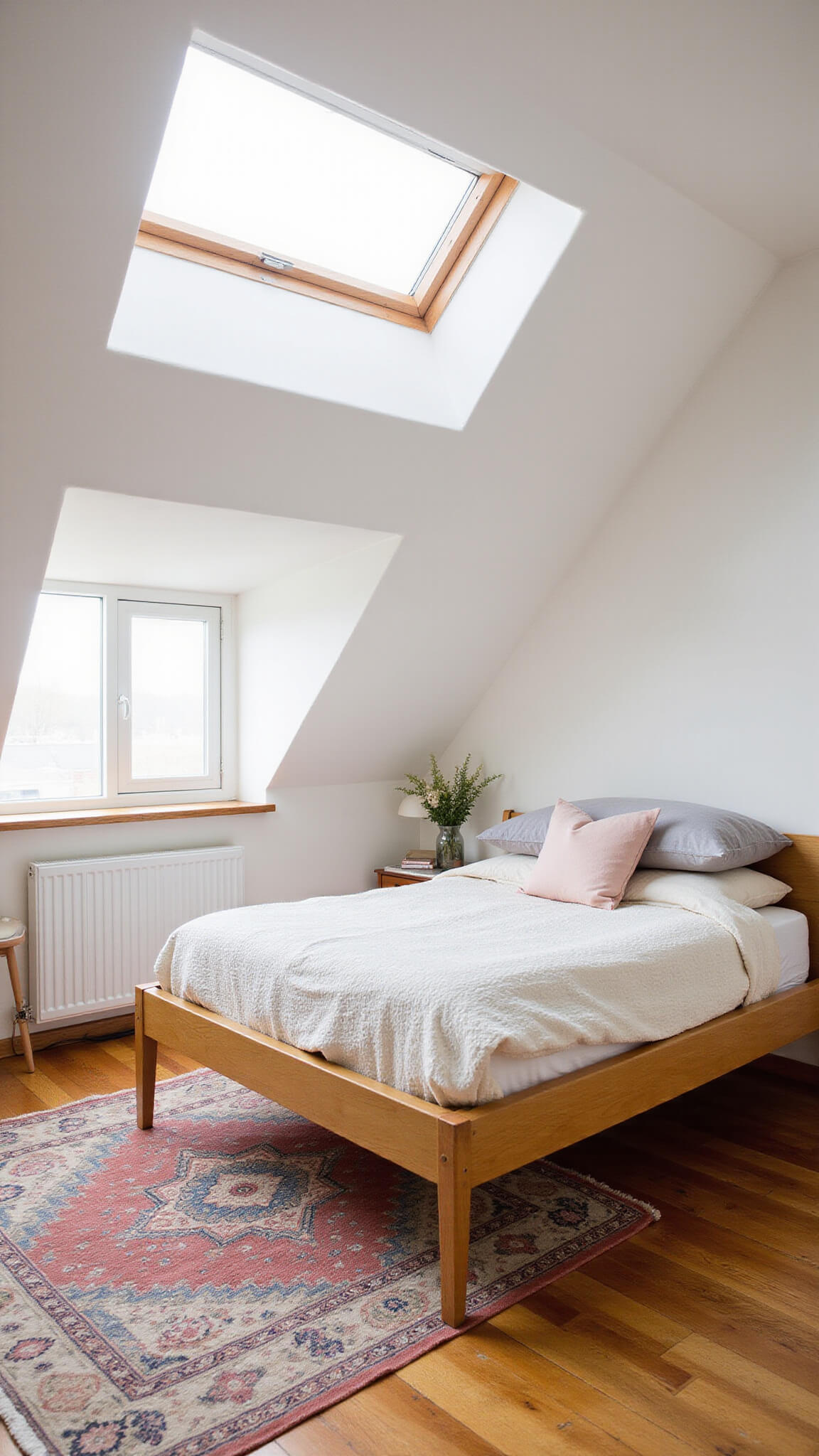 Cozy attic bedroom with sloped ceiling, mid-century honey oak bed with side storage, ivory and blush layered bedding, skylight lighting, and vintage Persian rug on wide-plank floors.