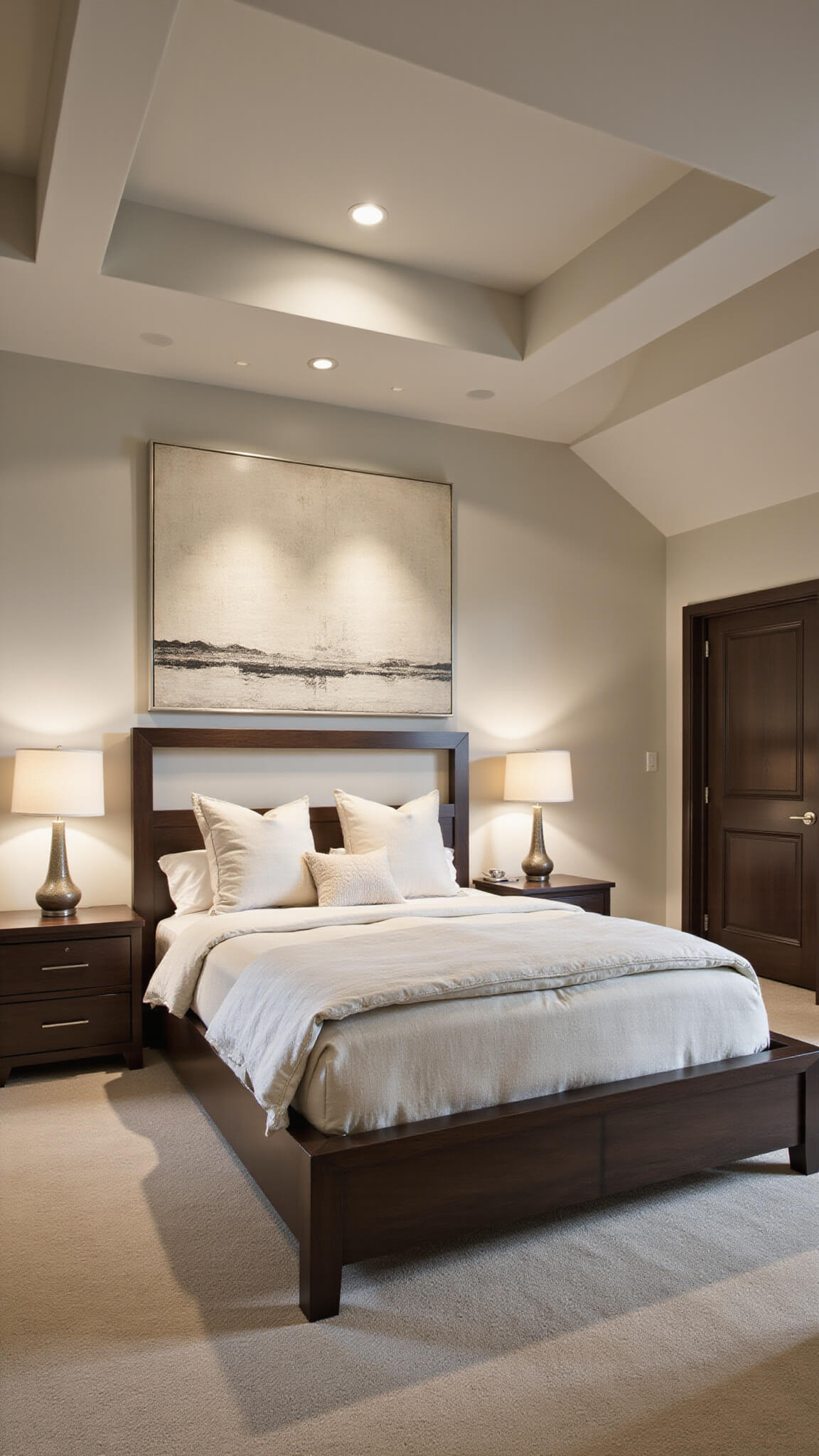 Contemporary 18x22ft bedroom with tray ceiling, black walnut statement bed and floating nightstands, cream and white textured bedding, abstract art, and layered evening lighting for depth.