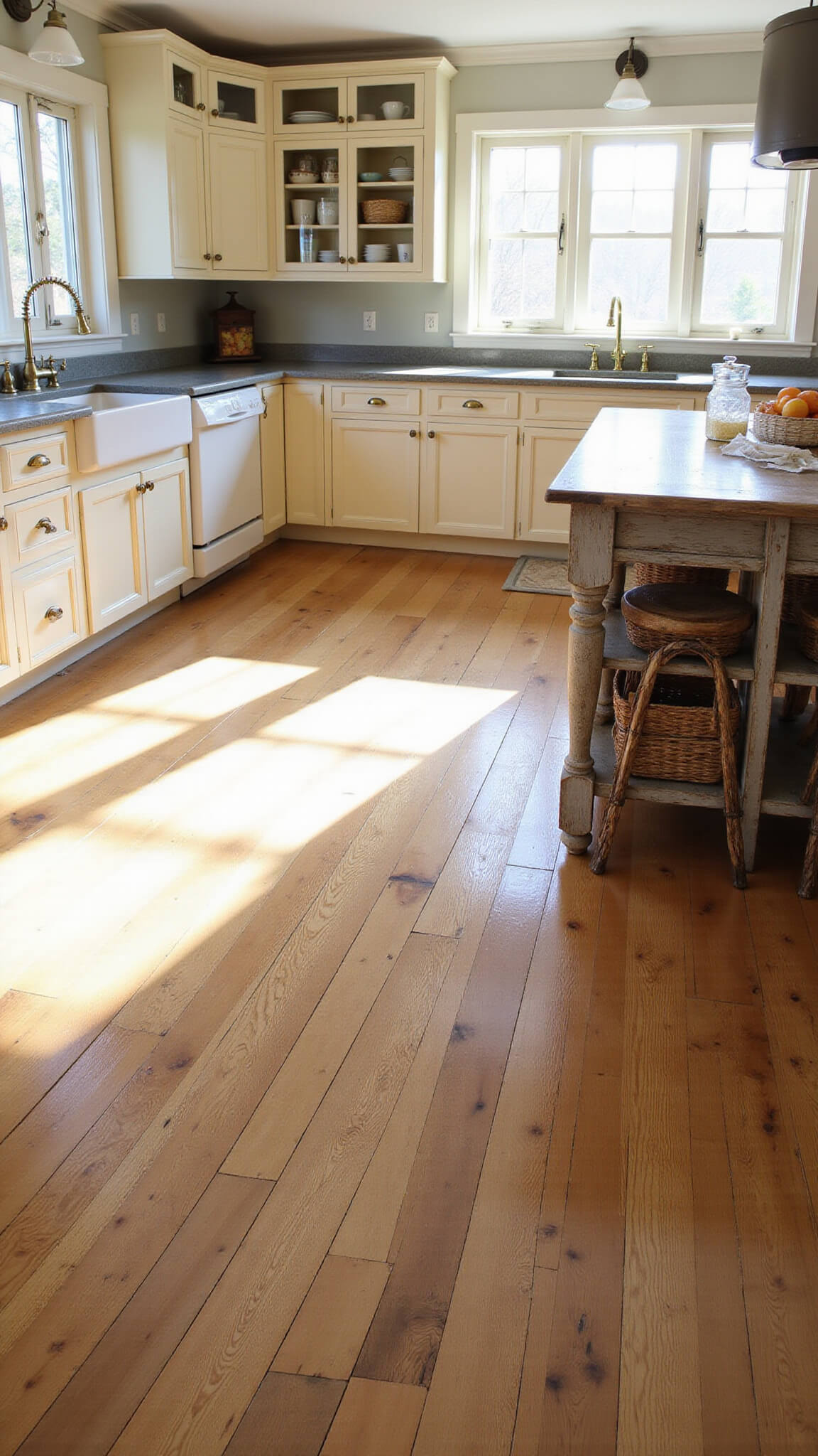 Low-angle view of a sunlit farmhouse kitchen with distressed white oak flooring, vintage cream cabinets, brass hardware, and a weathered wooden island with metal stools and woven baskets.
