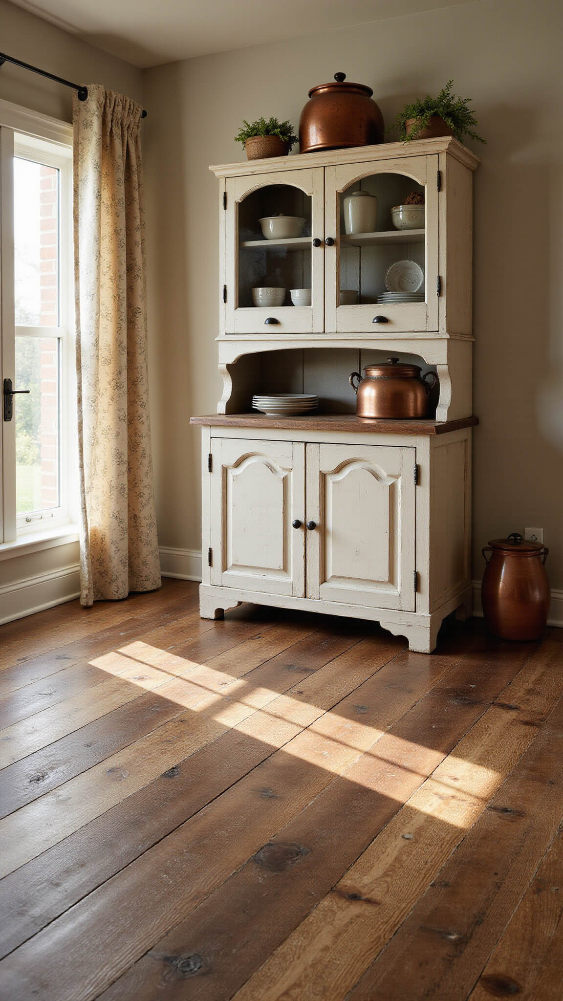 Rustic kitchen corner with rich chestnut barn wood planks, golden hour light, antiqued hutch, copper pots, earthenware crocks, and hanging dried herbs.