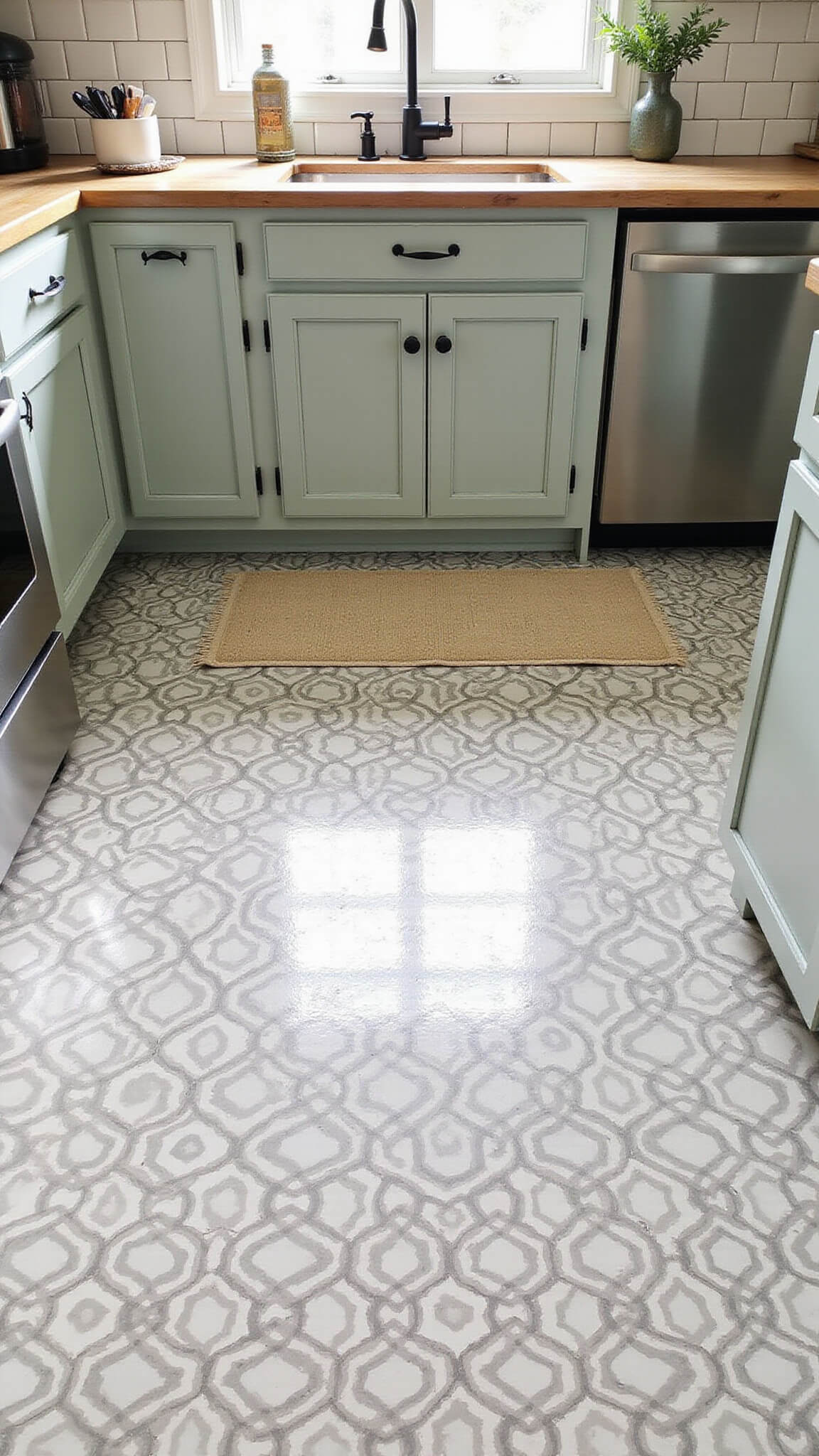 Bright 12x15ft kitchen with hexagonal gray and white cement floor tiles, sage green shaker cabinets, glossy white subway backsplash, and a vintage rug, viewed from above.