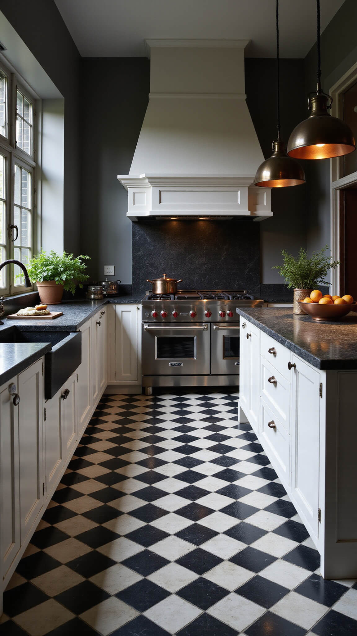 Dramatic evening kitchen with checkerboard tile floor, moody lighting, white cabinets, dark counters, and warm copper accents.