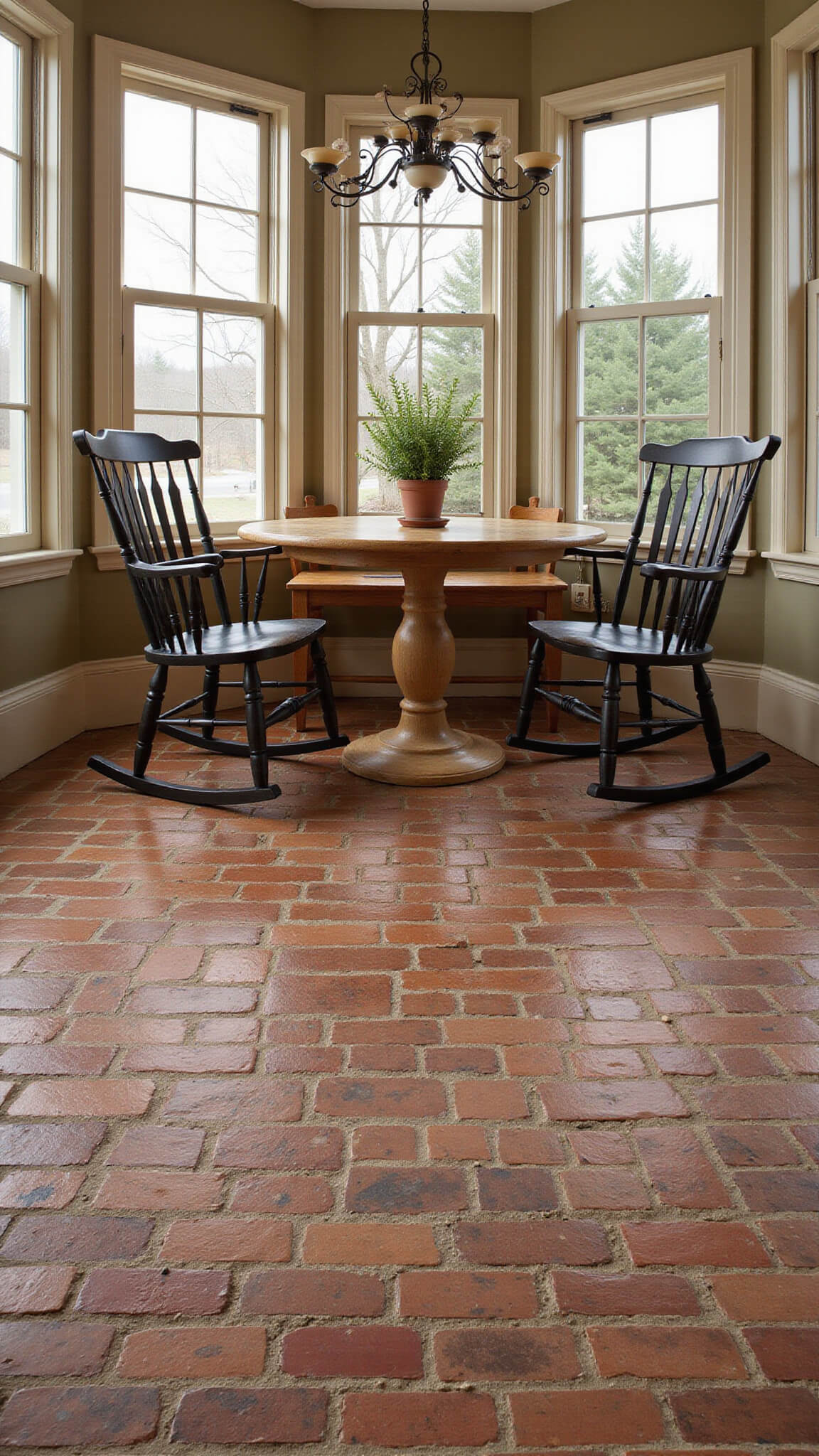 Cozy breakfast nook with rustic brick-look porcelain tile flooring, round table with Windsor chairs, early morning light highlighting textured surface and potted herbs.