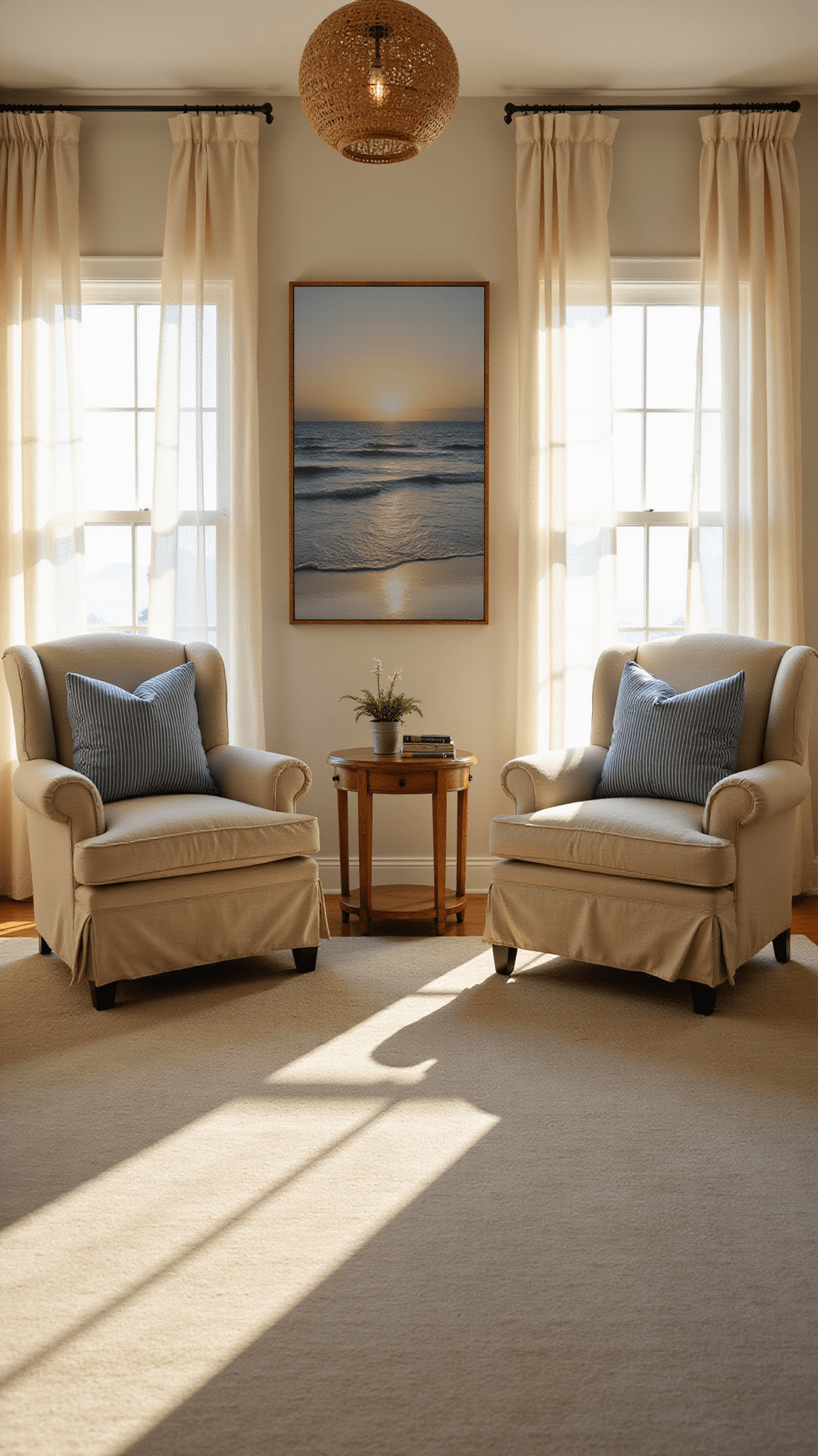 Low-angle view of cozy bedroom sitting area at sunset with linen slipcovered chairs, beach photograph, and warm light through gauzy drapes.