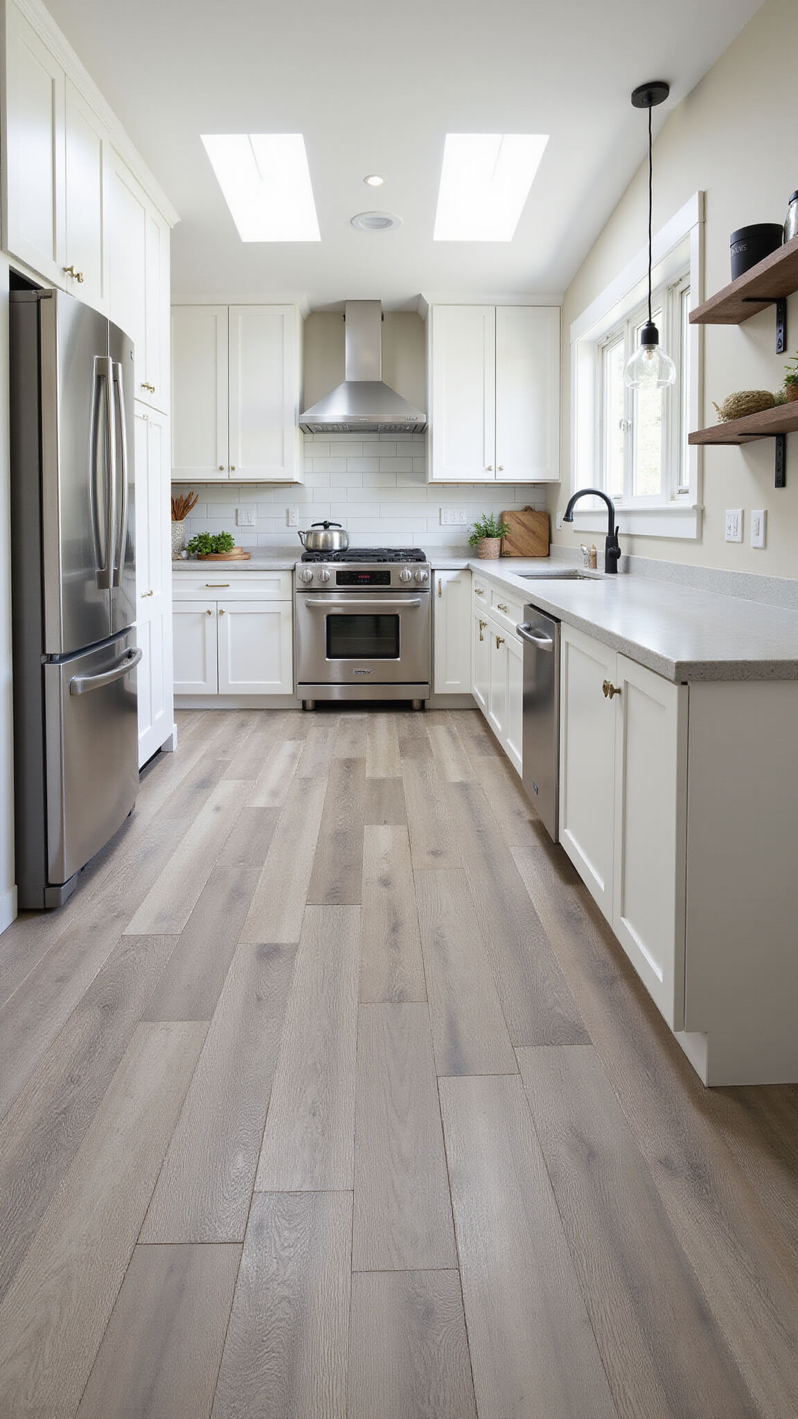 Contemporary farmhouse kitchen with weathered gray vinyl plank flooring, white shiplap walls, and industrial black fixtures under bright skylight lighting.