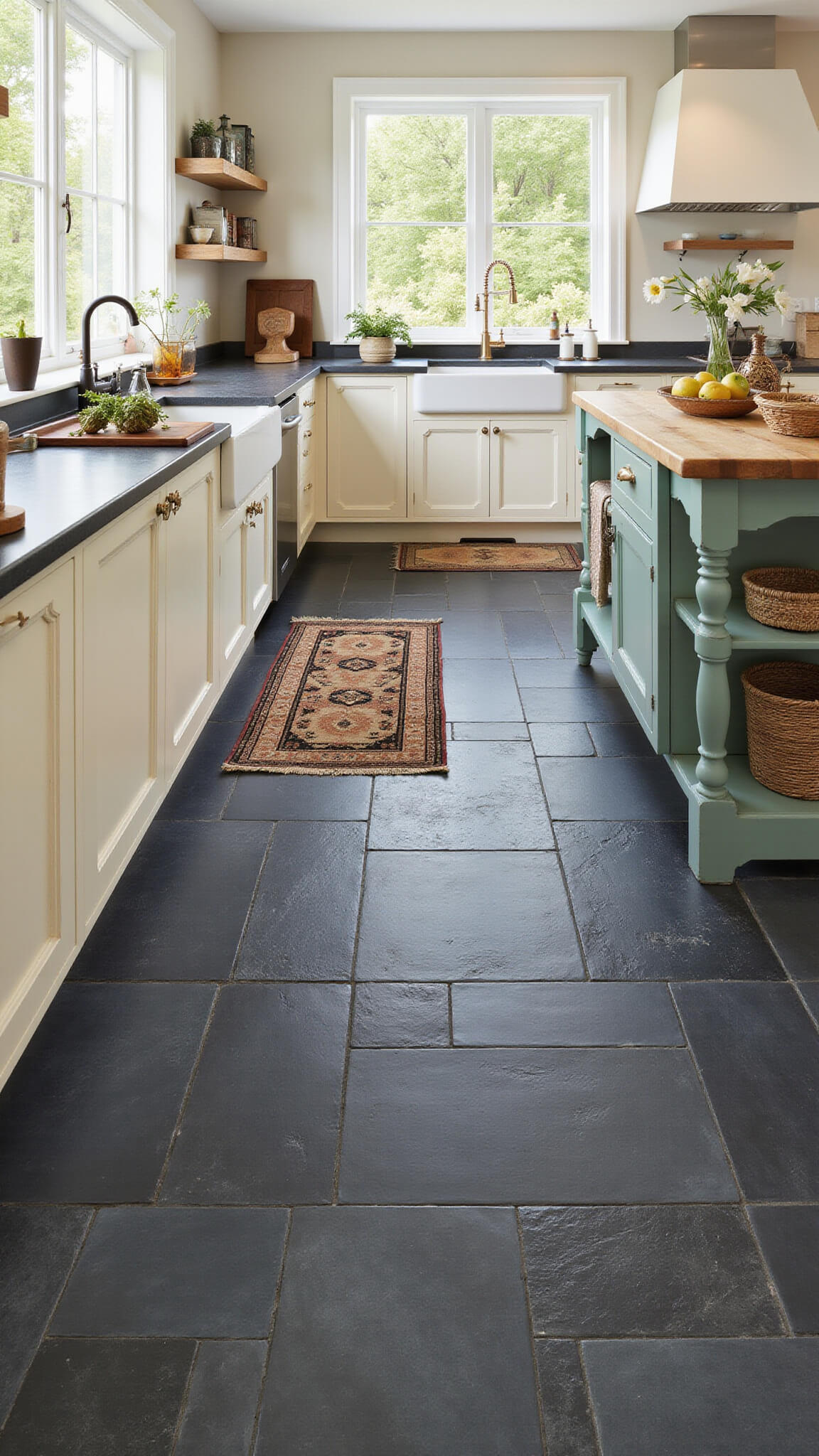 Farmhouse kitchen with charcoal slate-look ceramic tiles, cream cabinets, butcher block island, and antique copper accents in afternoon light.