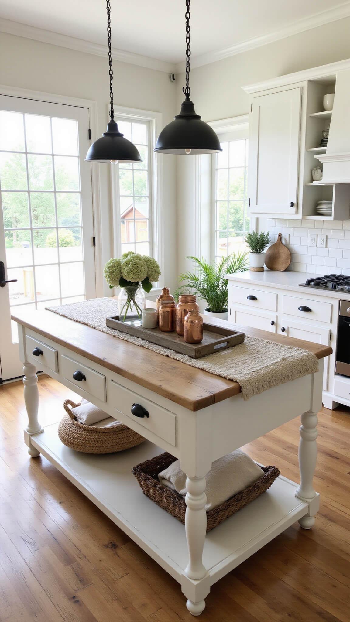 Farmhouse kitchen with white-washed oak island, vintage pendant lights, hydrangeas in mason jars, and morning sunlight through floor-to-ceiling windows.