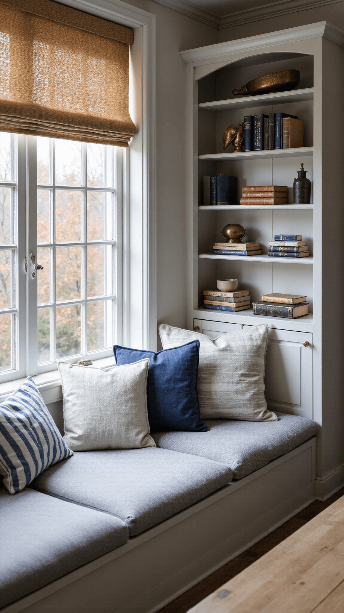Cozy reading nook with striped cushions on a built-in window seat, mid-morning light casting shadows, surrounded by shelves of vintage maritime books and brass decor, weathered oak floor with indigo rug.