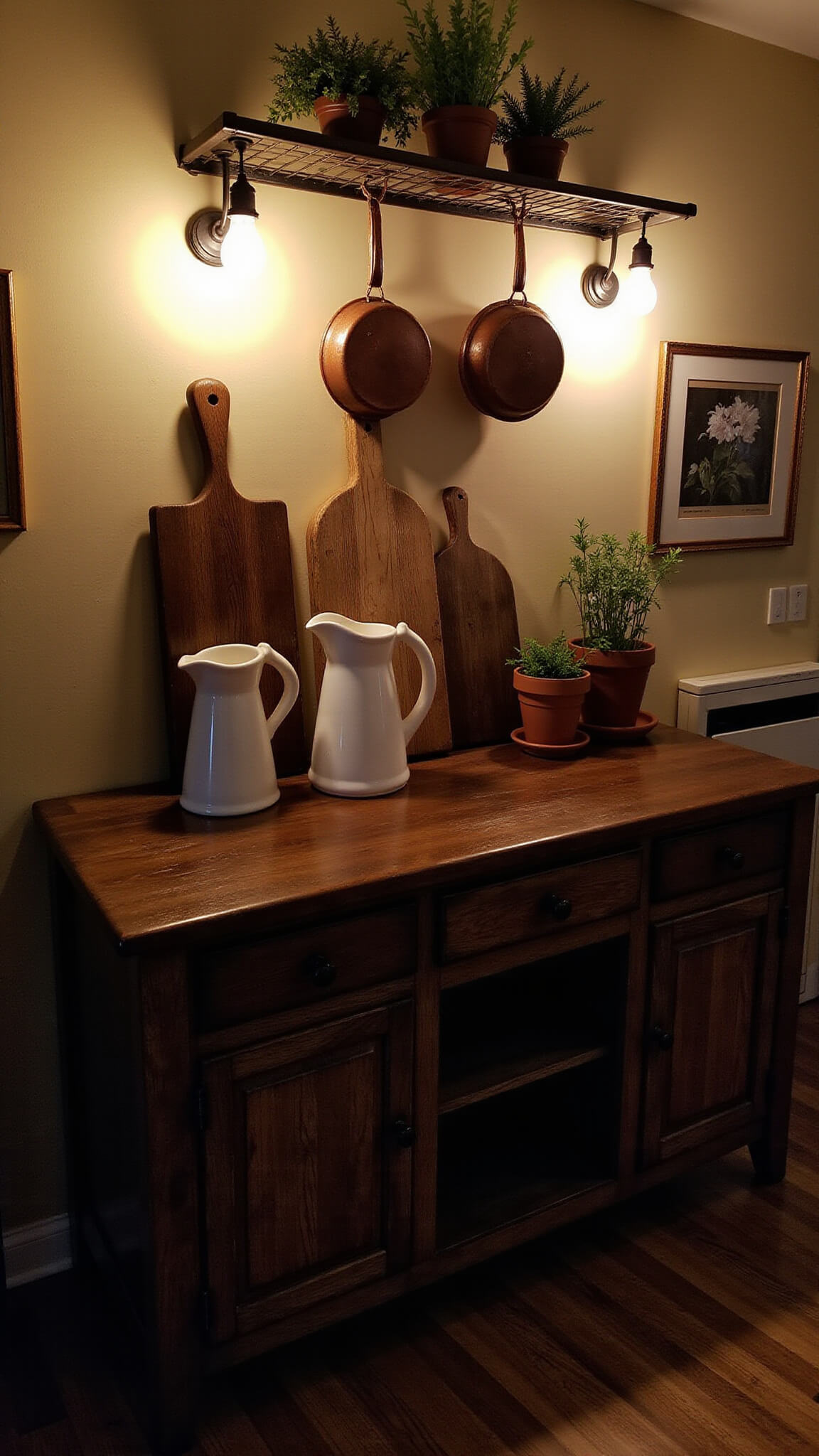 Rustic 4x8ft kitchen island with dark walnut surface, styled with ceramic pitchers, cutting boards, herbs, and warm Edison lighting; vintage copper cookware hanging above.
