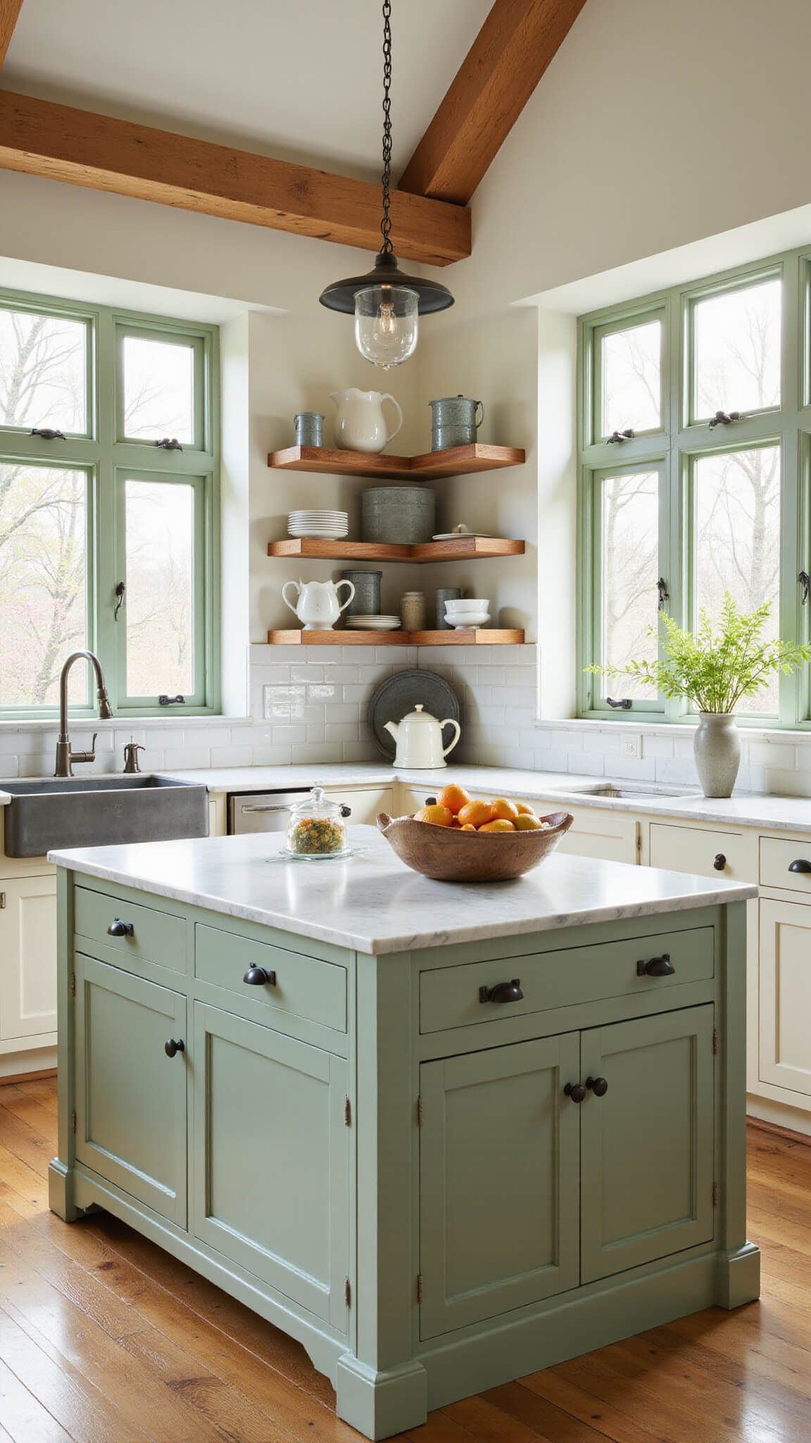 Bright corner kitchen with sage green island, vaulted ceiling with beams, marble countertop, and spring decor featuring citrus and vintage containers.
