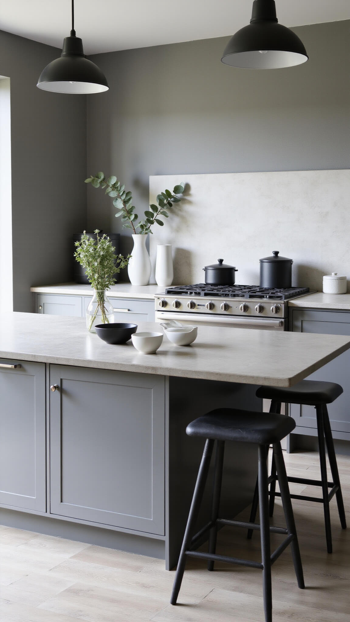 Modern farmhouse kitchen with concrete island, minimalist decor, industrial lighting, and natural early morning light casting crisp shadows.