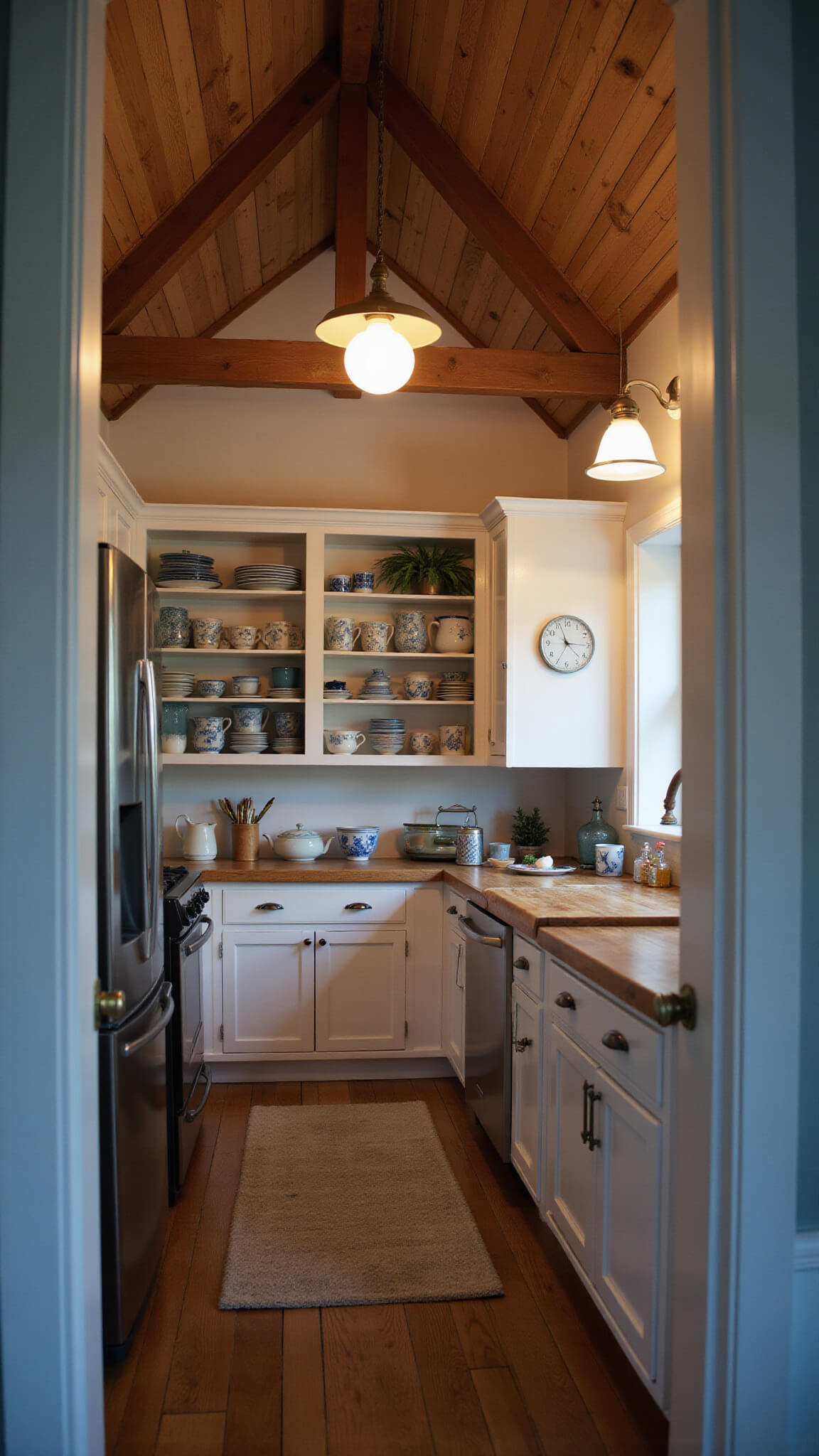 Tiny galley kitchen with white cabinets, butcher block counters, exposed wooden beams, and warm pendant lighting showcasing blue and white pottery on open shelves.
