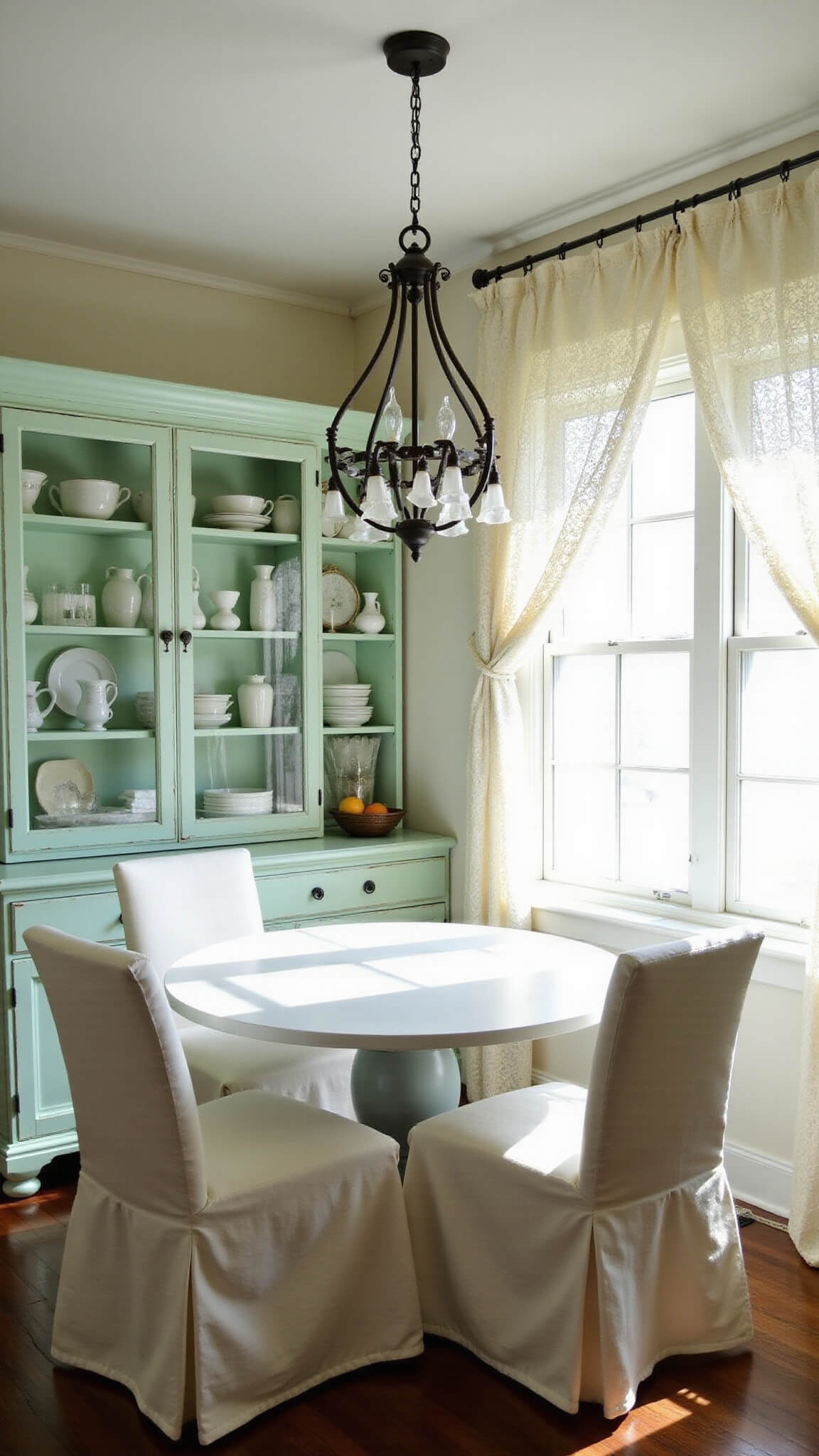 Vintage kitchen nook with mint green hutch, milk glass display, round table, and lace-curtained window glowing in morning light.