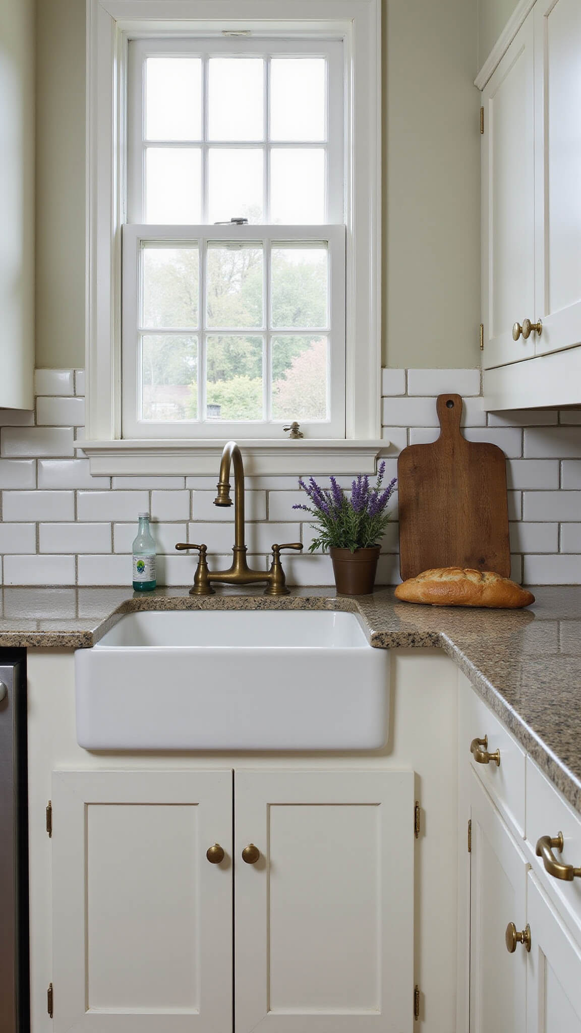 Cottage kitchen corner with farmhouse sink, brass faucet, and lavender by a sunlit mullioned window.