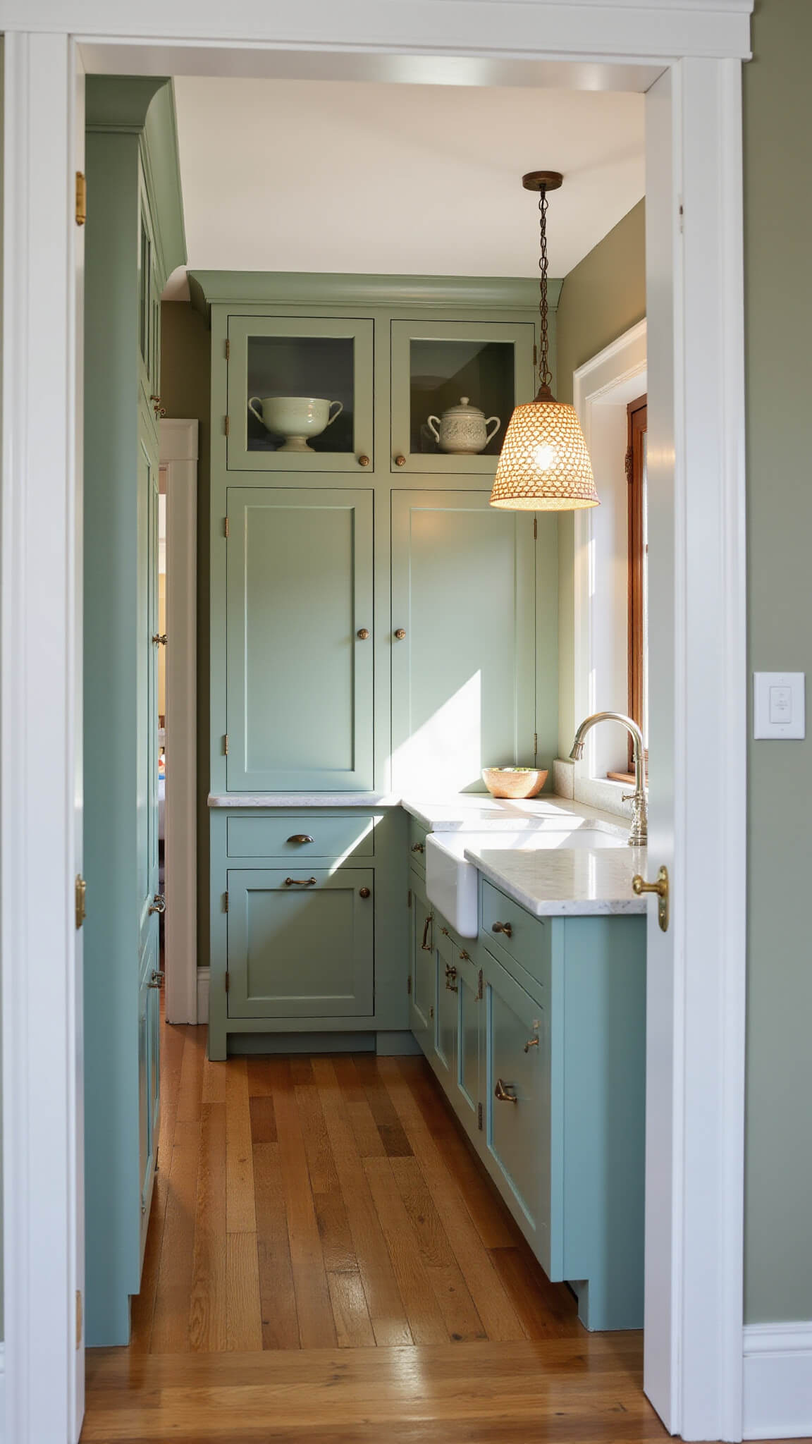 Compact kitchen at dawn with sage green cabinets, glass fronts showcasing jadeite, marble countertops, woven pendant, and natural side lighting.