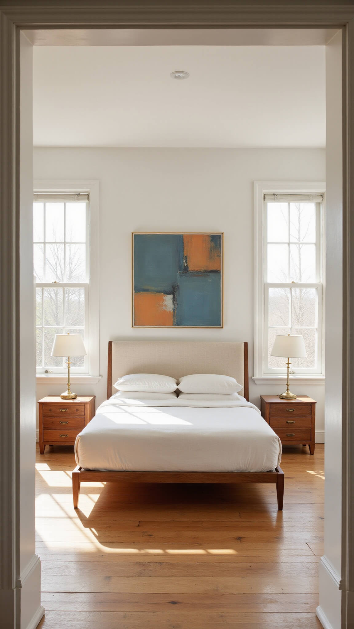 Sunlit modern bedroom with walnut platform bed, oak nightstands, abstract wall art, and floor-to-ceiling windows.