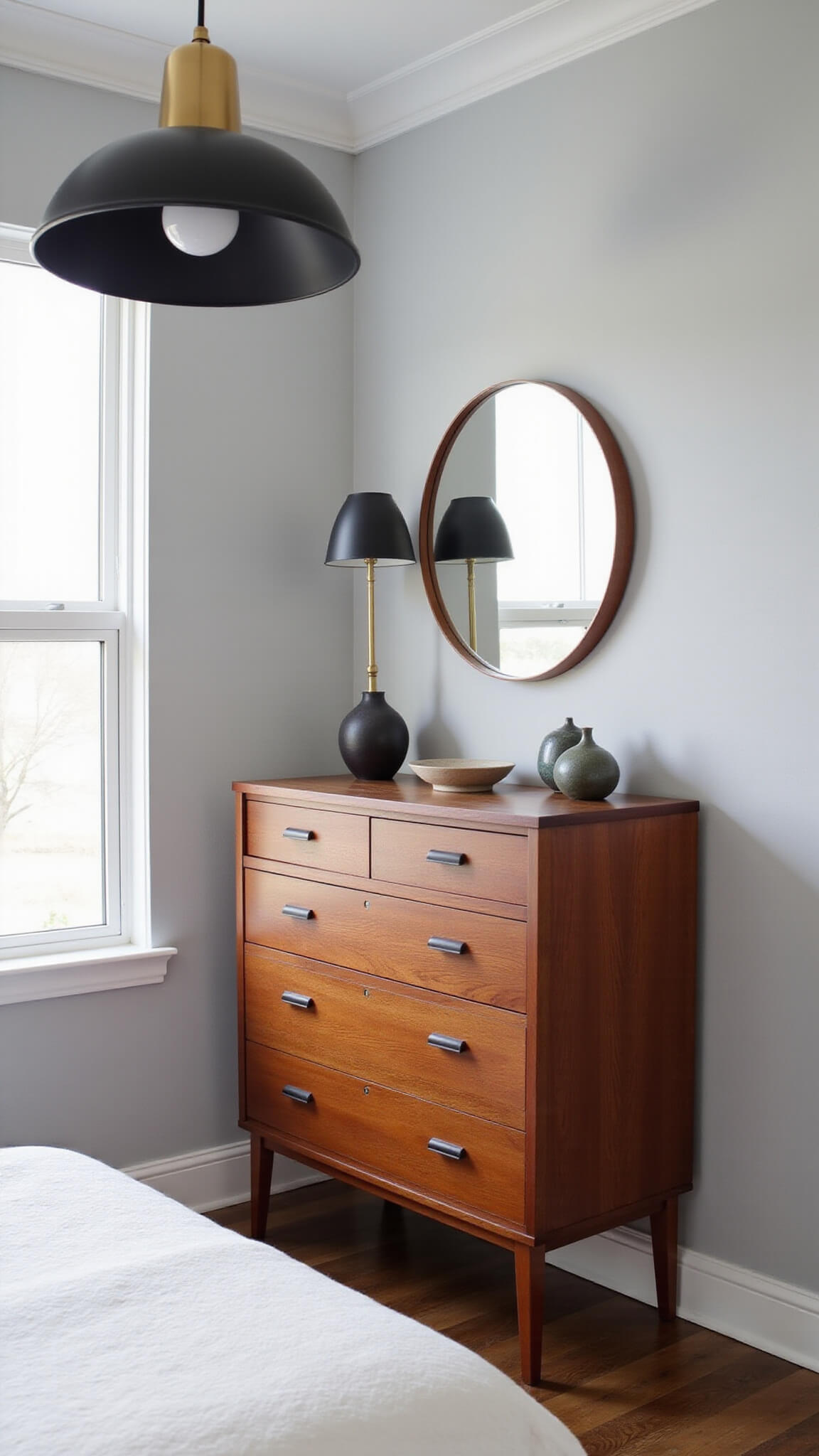 Mid-morning light reveals a teak dresser with splayed legs, brass mirror, and ceramic vessels in a pale gray bedroom corner, accented by a matte black sculptural pendant and soft shadows.