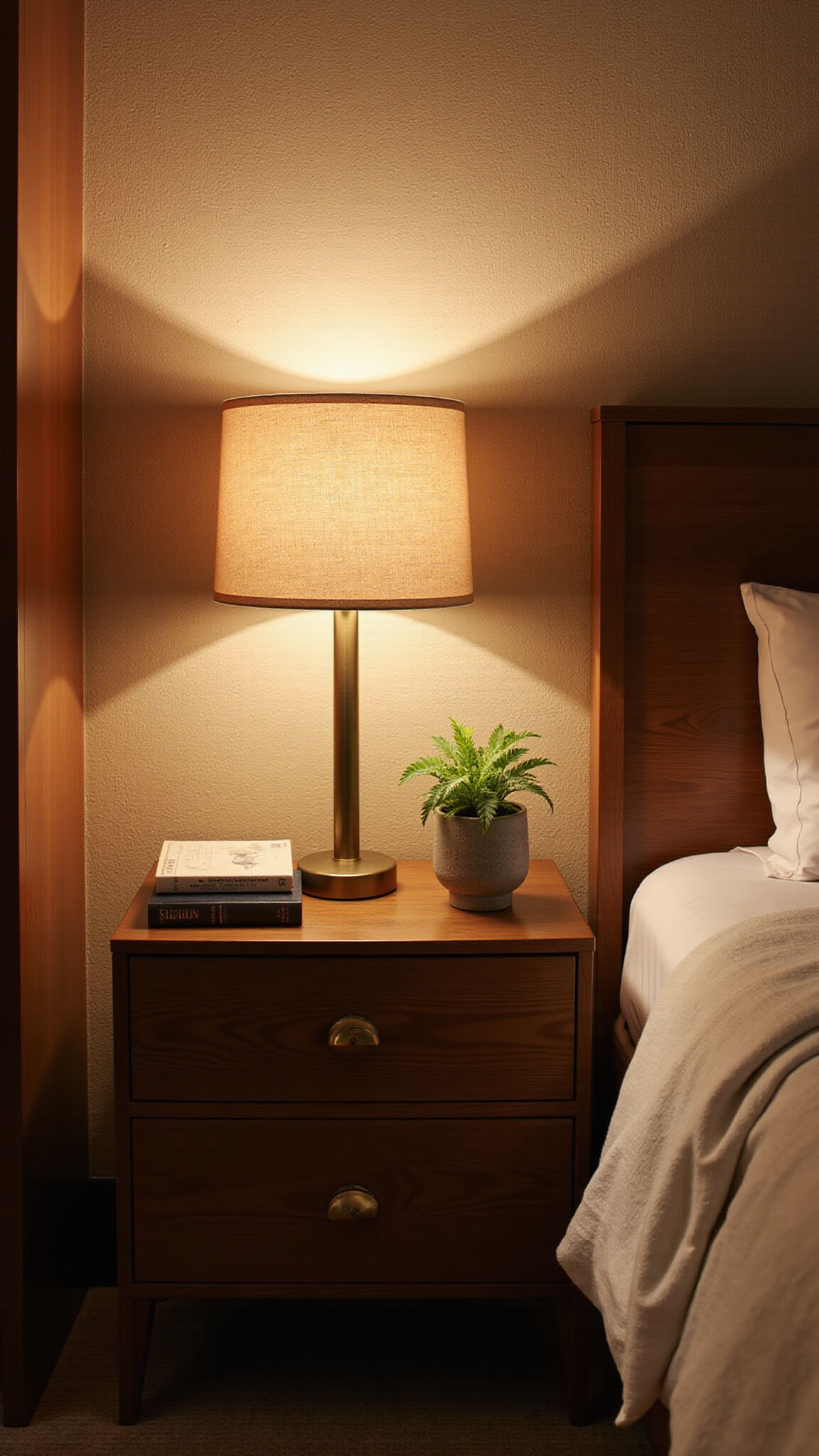 Cozy 10x12ft bedroom nook at dusk with a modernist table lamp, walnut nightstand, vintage books, small plant, and textured beige grasscloth wallpaper, softly lit with warm golden lighting.