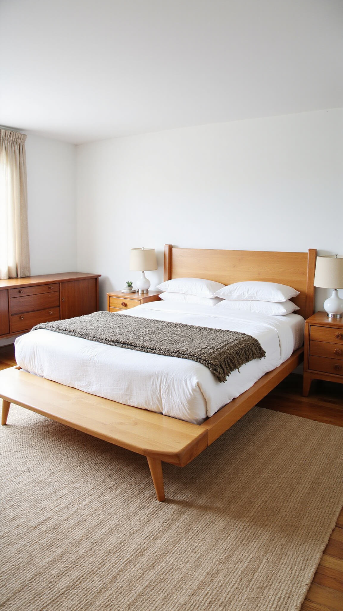 Mid-century style master bedroom with platform bed, matching nightstands, walnut dresser, and vintage rug, illuminated by natural light through sheer curtains.