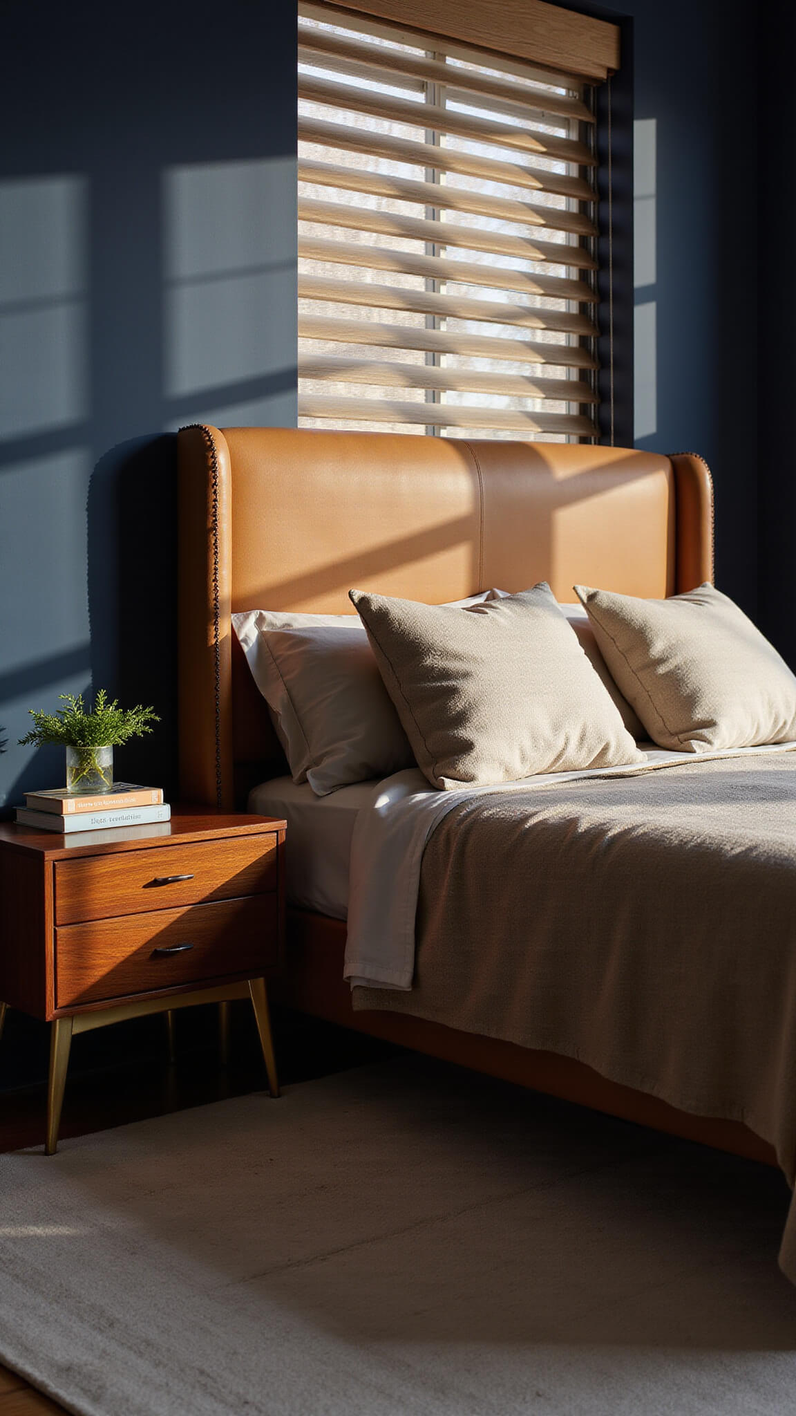 Sunrise light filters through blinds into a navy-walled bedroom with a camel leather headboard, rosewood nightstands, and earth-toned textiles in dramatic shadows.