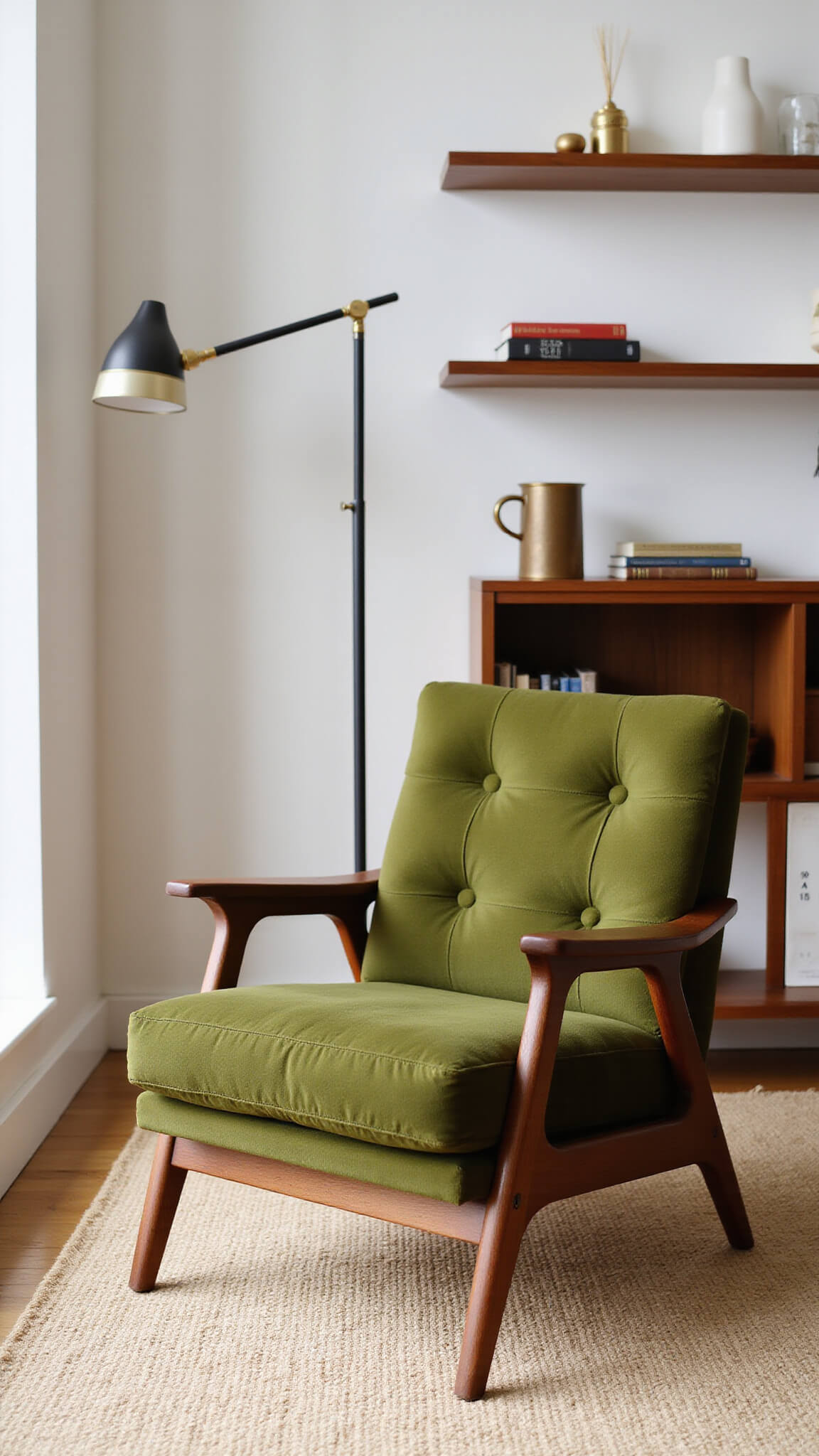 Moss green velvet armchair with wooden frame beside brass floor lamp, teak bookshelf, and jute rug in sunlit bedroom corner.
