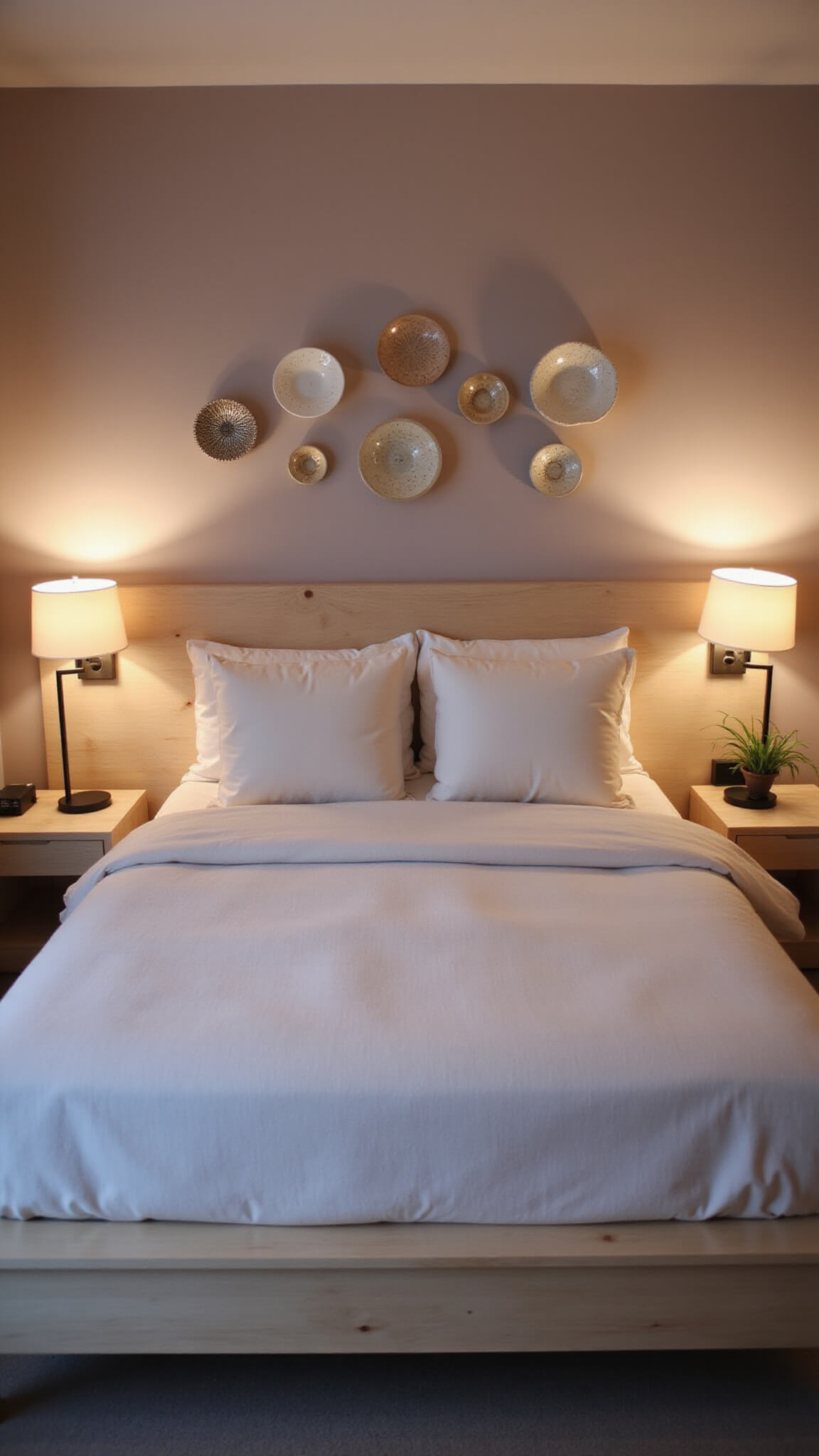 Serene 15x17ft bedroom at twilight with platform bed, floating nightstands, ceramic wall art, and cream bedding under mixed warm and cool lighting.